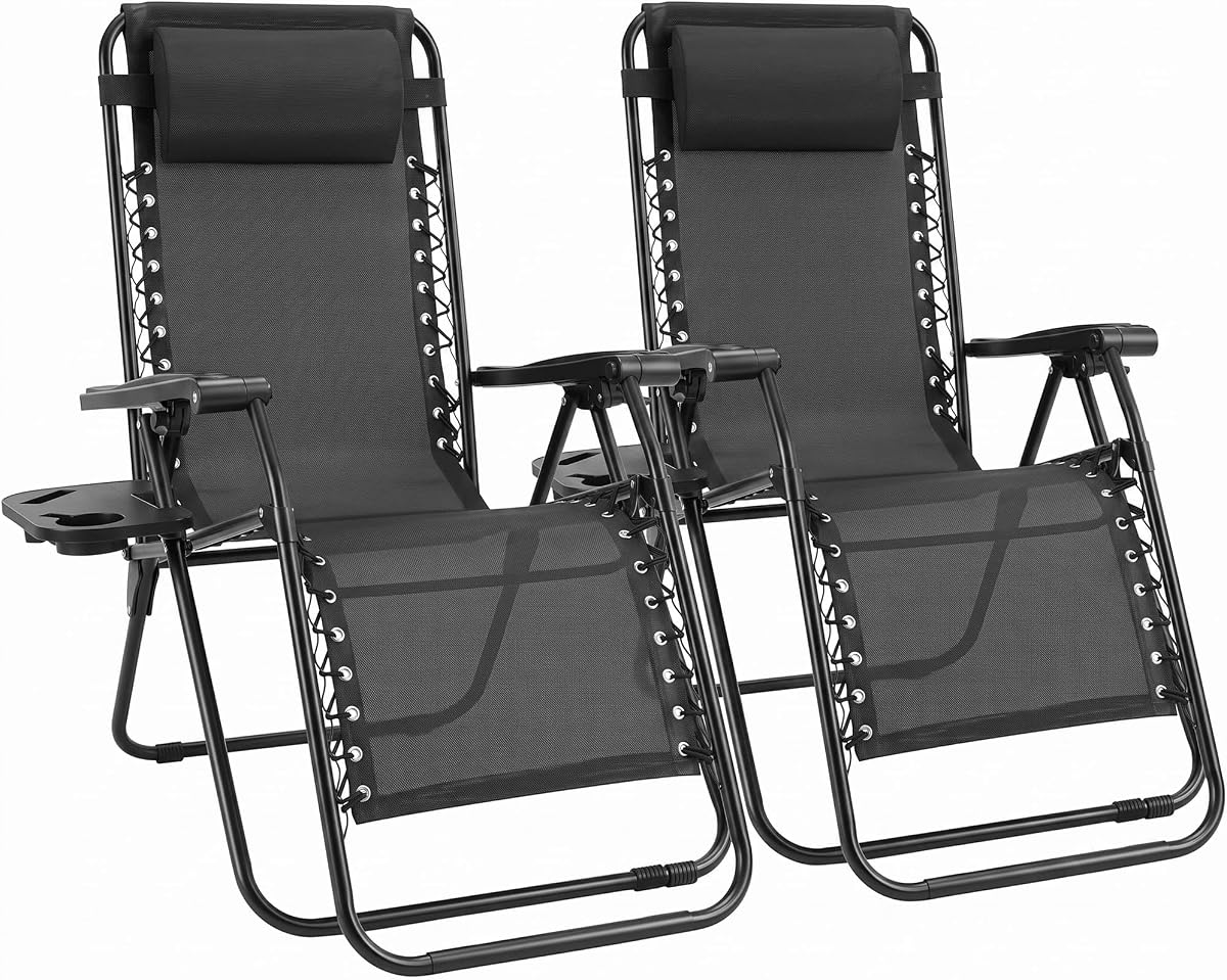 Zero Gravity Chairs Set of 2, Outdoor Folding Patio Lounge Chair with Cup Holder Tray, Portable Beach Camping Recliner for Poolside, Garden, Backyard, Lawn, Solid Black