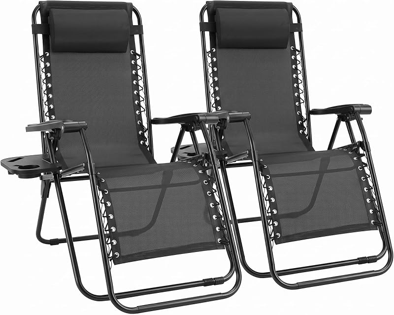 Zero Gravity Chairs Set of 2, Outdoor Folding Patio Lounge Chair with Cup Holder Tray, Portable Beach Camping Recliner for Poolside, Garden, Backyard, Lawn, Solid Black