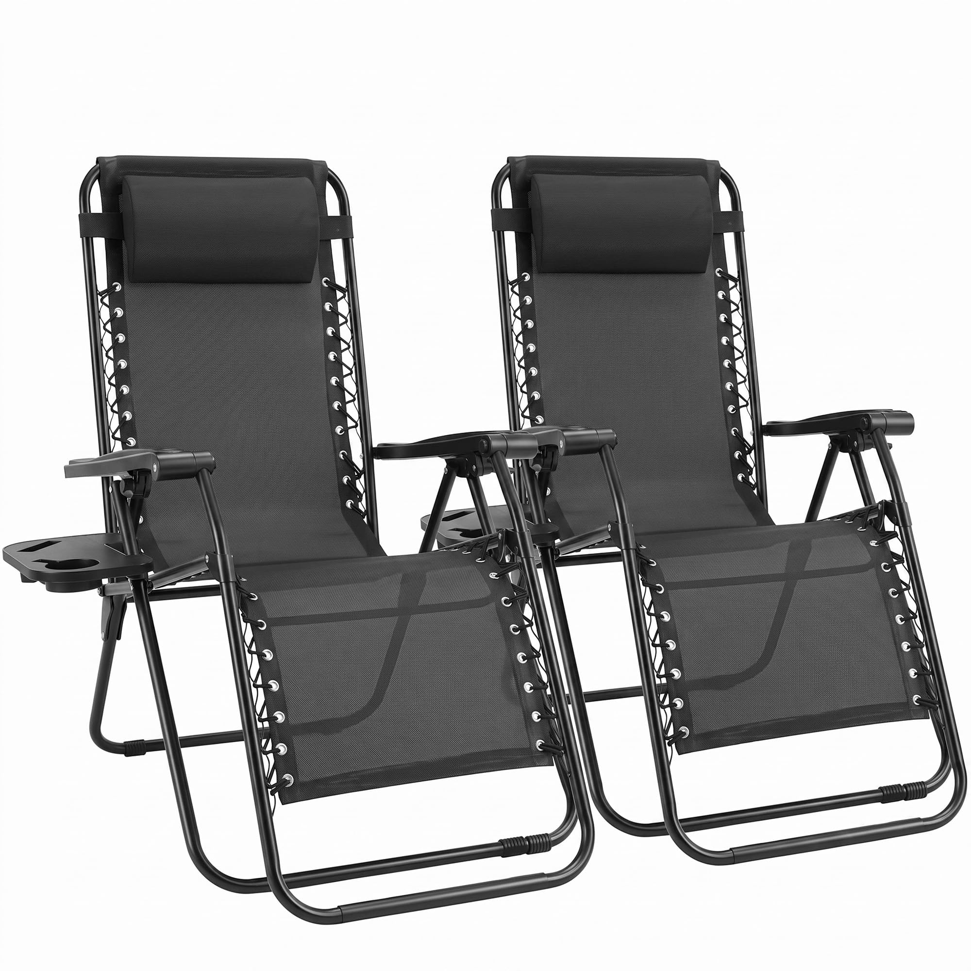 Sweetcrispy Zero Gravity Chairs Set of 2, Outdoor Folding Patio Lounge Chair with Cup Holder Tray, Portable Beach Camping Recliner for Poolside, Garden, Backyard, Lawn, Solid Black Solid Black 2pcs