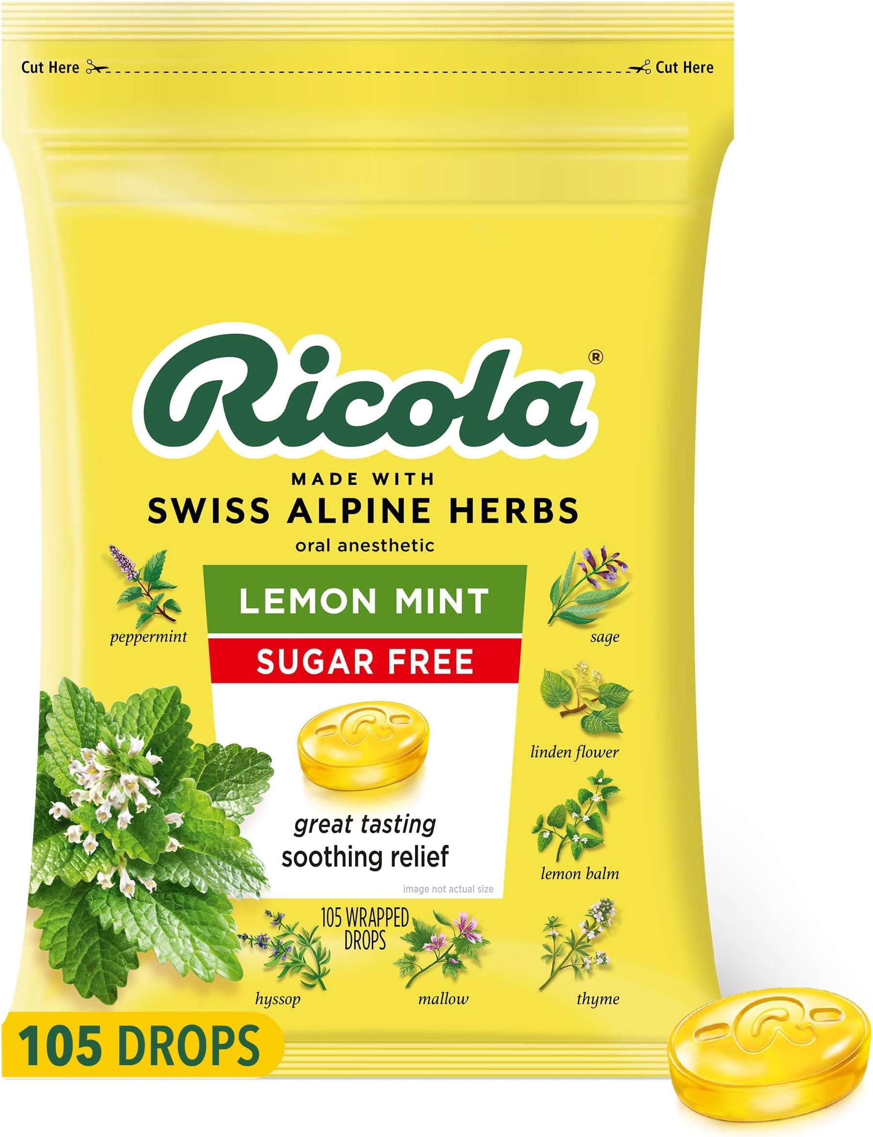 Ricola Sugar Free Lemon Mint Herbal Throat Drops with Lemon Balm and Low Menthol for Everyday Voice Care - 105 Count - Herbal Throat Lozenges