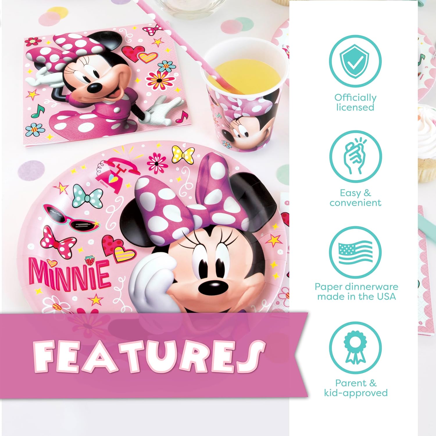 Minnie Mouse Birthday Decorations | Serves 16 Guests | Banner, Table Cover, Plates, Napkins, Sticker | Officially Licensed