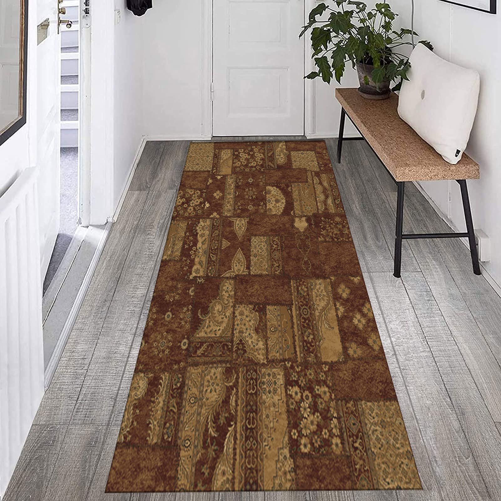 Läufer Teppich für Flur, rutschfester Teppich für Küche und Wohnzimmer, traditionelles Vintage-Blumenmuster, langlebig und vielseitig, ideal für stark frequentierte Bereiche