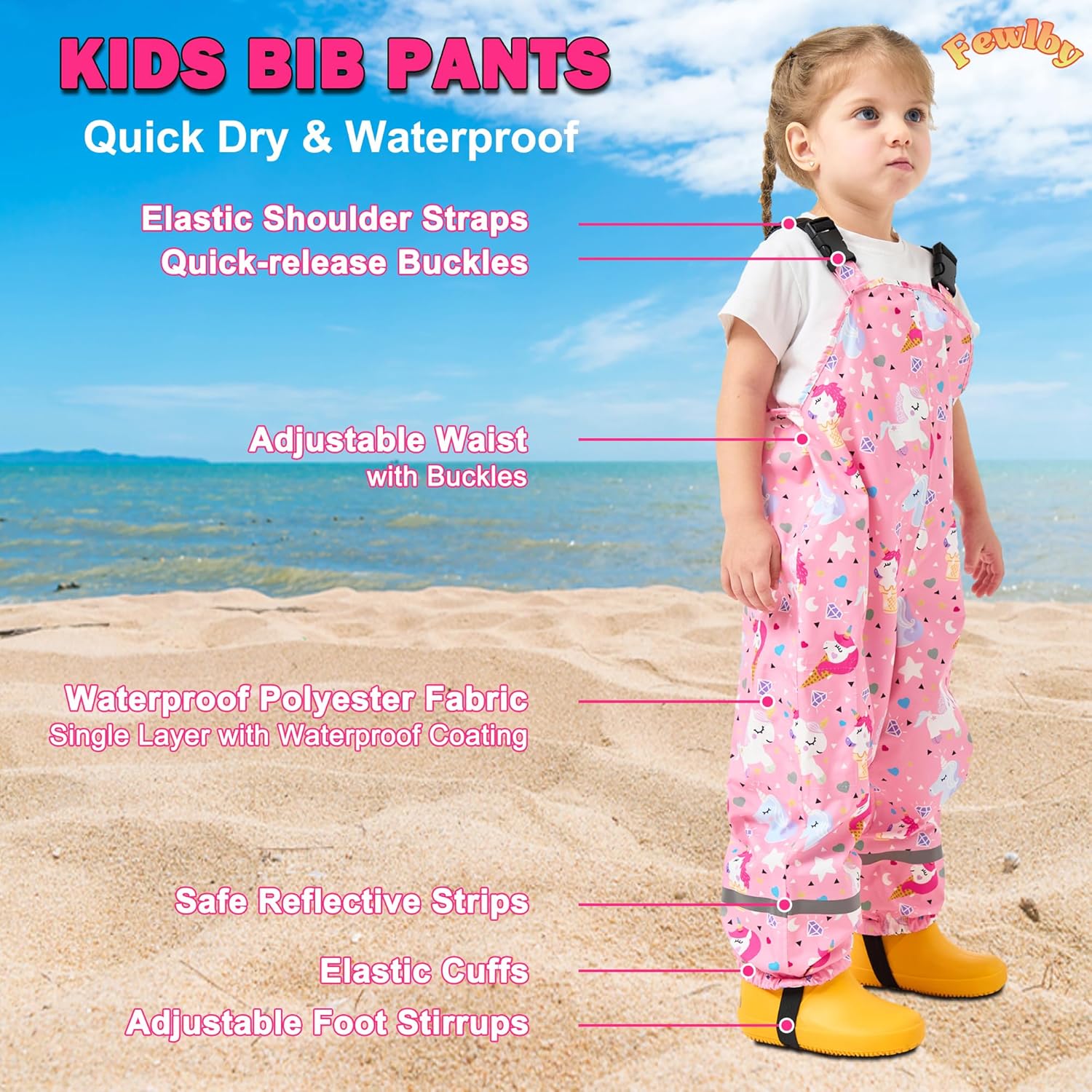 Fewlby Kids Waterproof Rain Bib Pants, Toddlers Suspender Mud Dirty Proof Rain Wear - Image 3