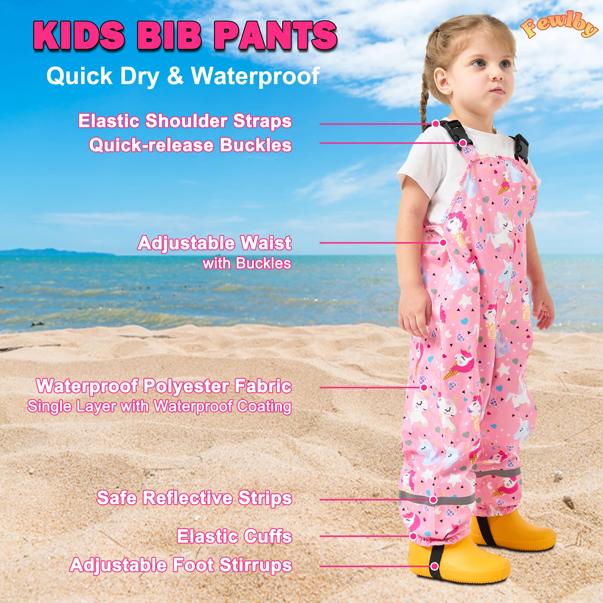 Fewlby Pantalon Imperméable Enfant Pantalon de Pluie, Filles Garçons Combinaison de Pluie Salopette Réutilisable Vêtements de Pluie