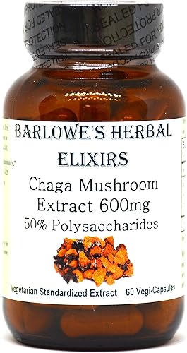Barlowe's Herbal Elixirs Extracto de hongos Chaga | Cápsulas de hongos Chaga | Alto en beta glucano y polisacáridos | 600 mg por cápsula | 60
