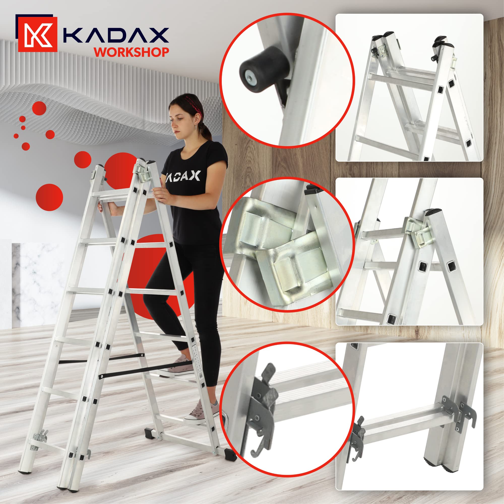 KADAX Échelle Transformable de 3 Plans, Échelle Coulissante en Aluminium, Échelle Double pour Travaux Domestiques et Professionnels (6 Marches)