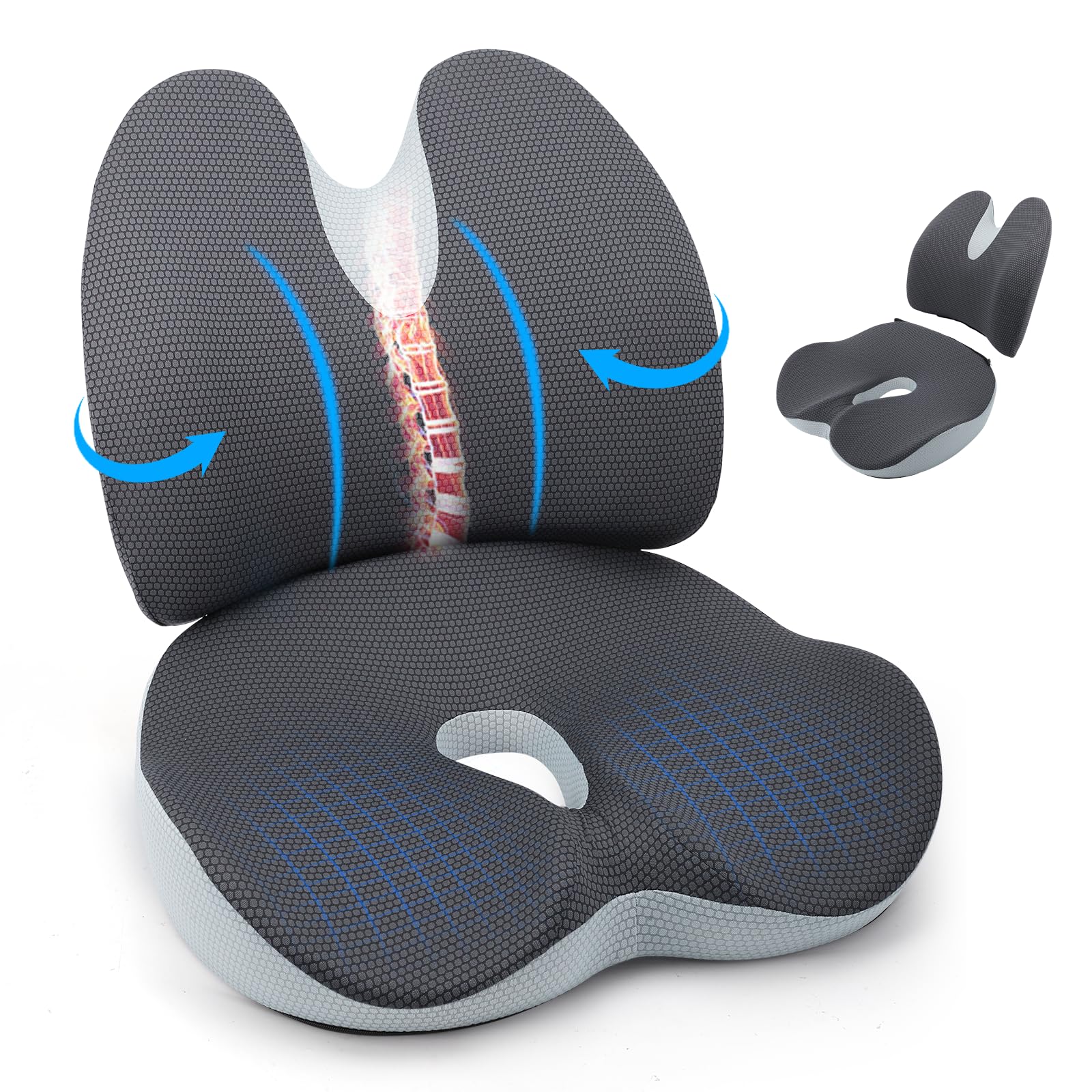 Gxpjycfob Cojín de Asiento 2en1 y Almohada de Apoyo Lumbar,Cojín de Asiento de Espuma viscoelástica,Silla Oficina,de Ergonómico para Silla de Oficina,hemorroides,Lumbar Coche