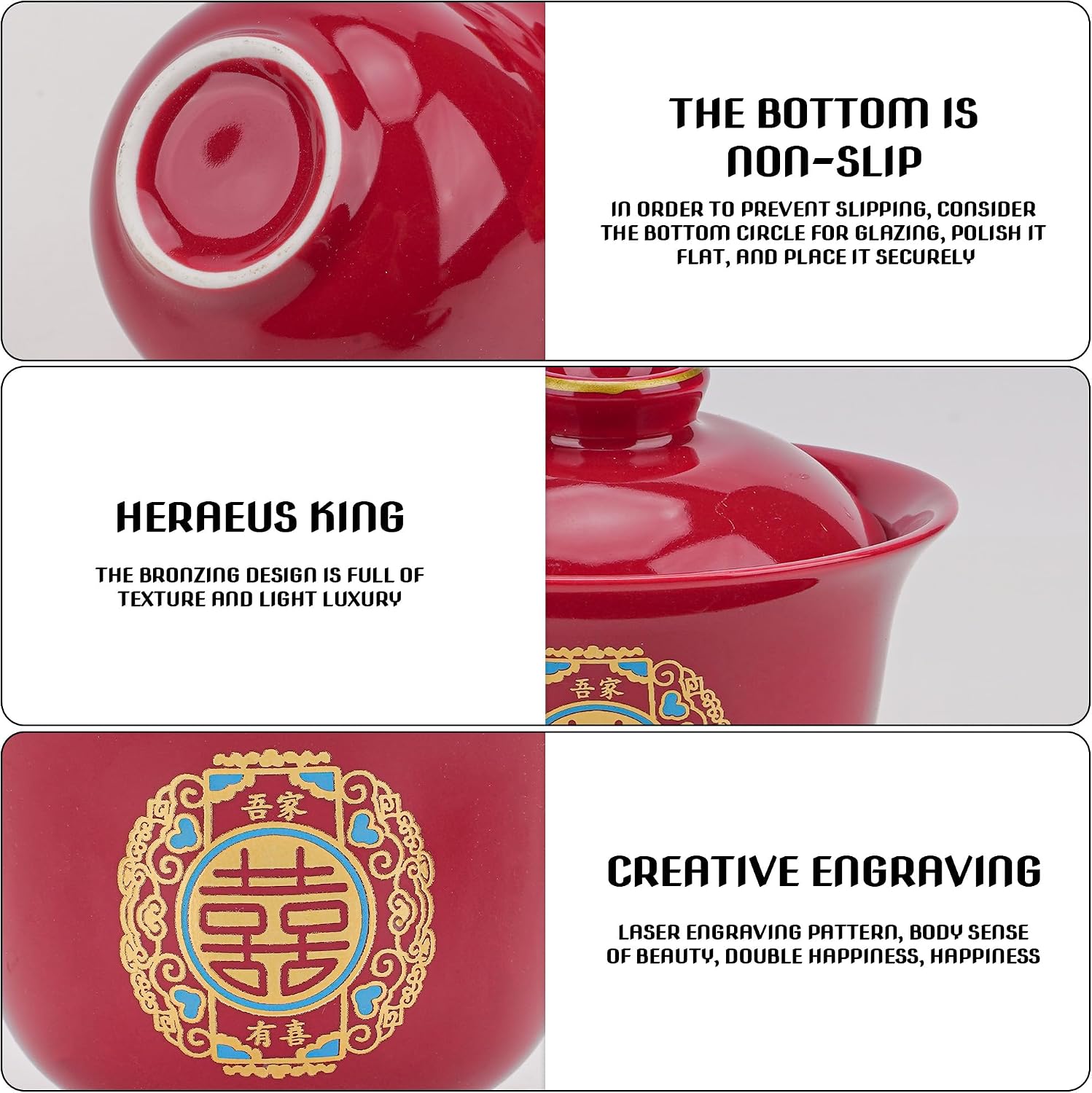 Chinese Wedding Tea Cup Set - Ceramic Double Happiness Cups, A Pair Wedding & Party Ceremony Supplies, Kung Fu Tea Cup and Saucer with Lid