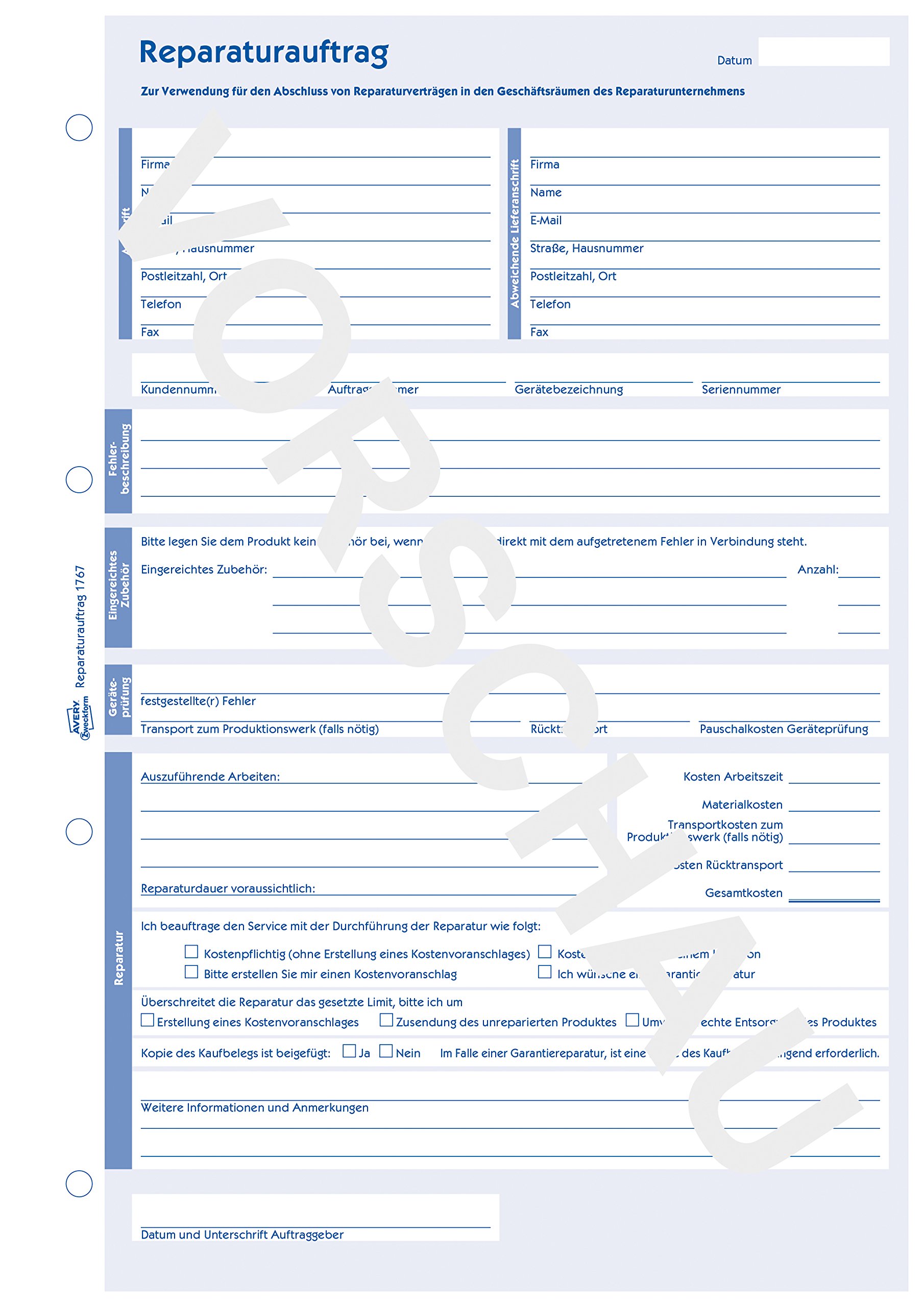AVERY Zweckform 1767 allgemeiner Reparaturauftrag (A4, 2x40 Blatt, selbstdurchschreibend mit farbigem Durchschlag, zur systematischen Erfassung aller relavanten Auftragspositionen) weiß/gelb