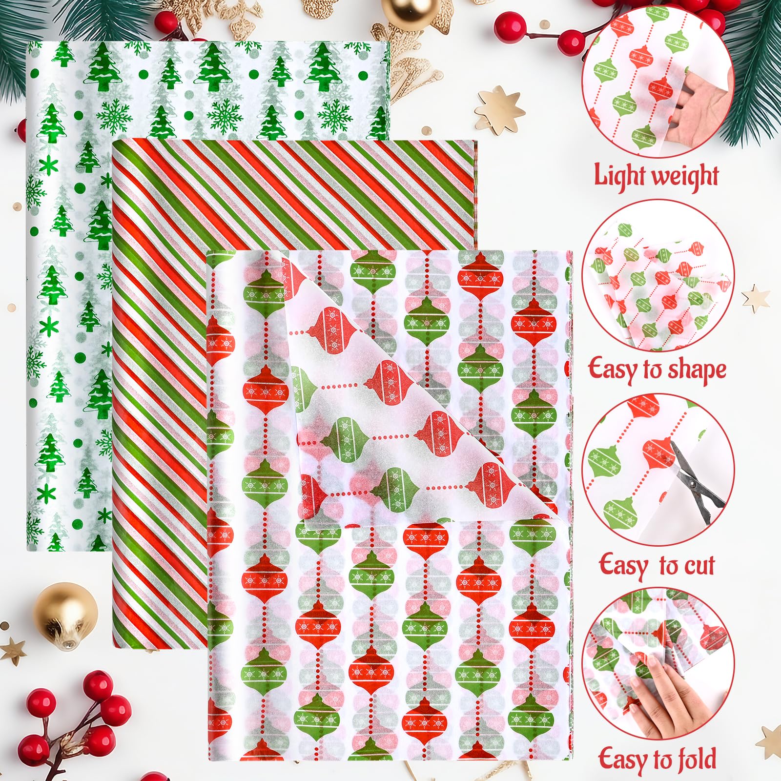 NACHLYNN 90 Sheets Christmas Tissue Paper 20 x 14 inches Baby Shower Green Wrapping Tissue Paper Bulk for Gift Bags Packaging Christmas Party Decor (Polychrome) - Image 2