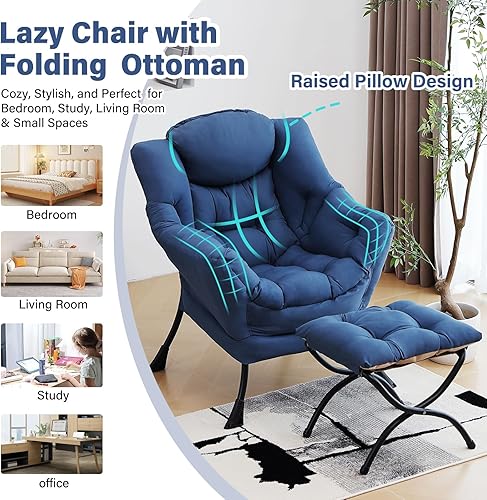 Miniatura 6 de Silla Lazy con otomana, silla moderna con reposapiés plegable, silla de acento de salón, cómoda silla de lectura (azul rey)