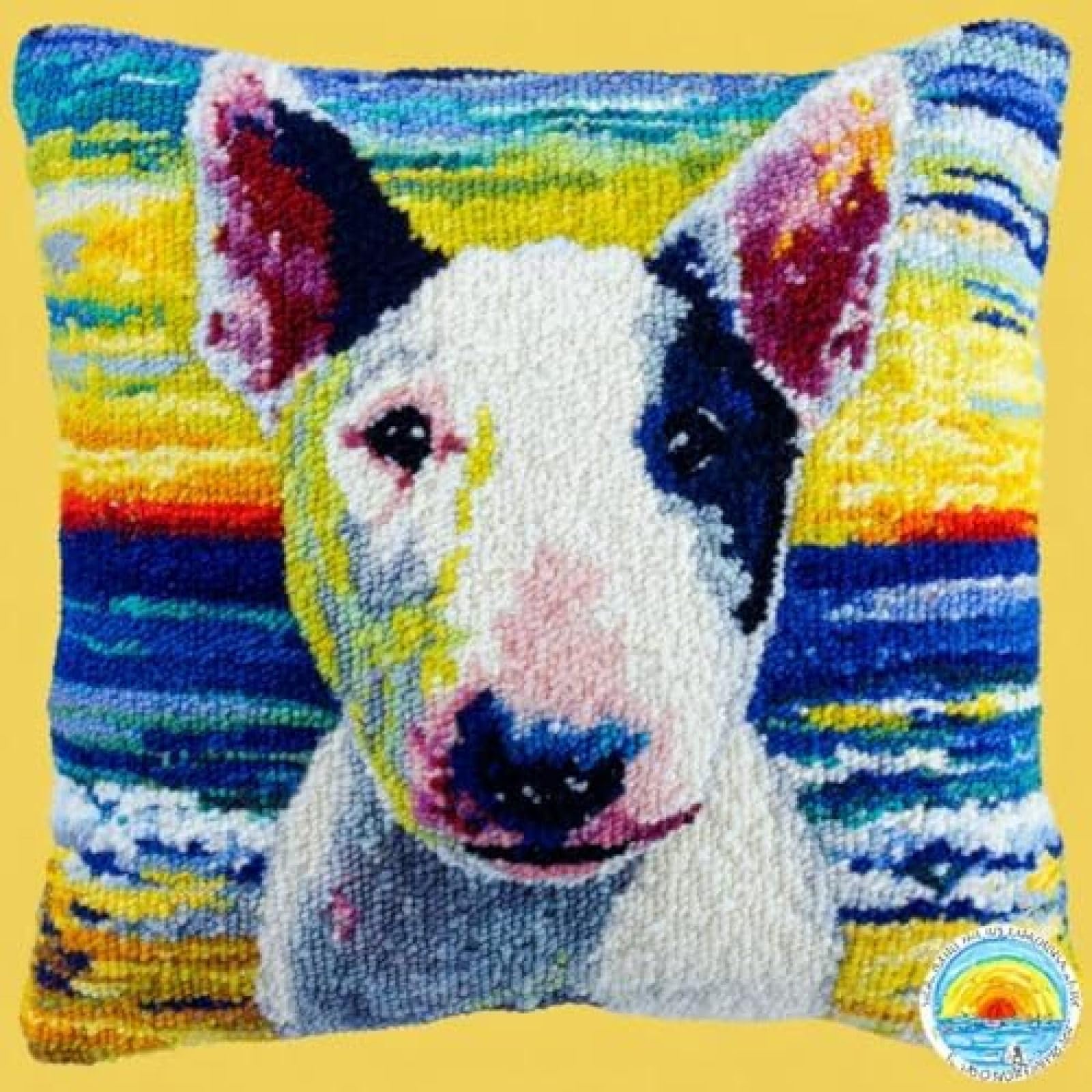 kitphoenix DIY Pillow Cover Latch Hook Kit for Adults,Bull Terrier Dog Swimming Seaside,Pre-Printed Rug Hooking Craft Kit with Yarn and Hook,43x43 cm Cushion Case Making Set