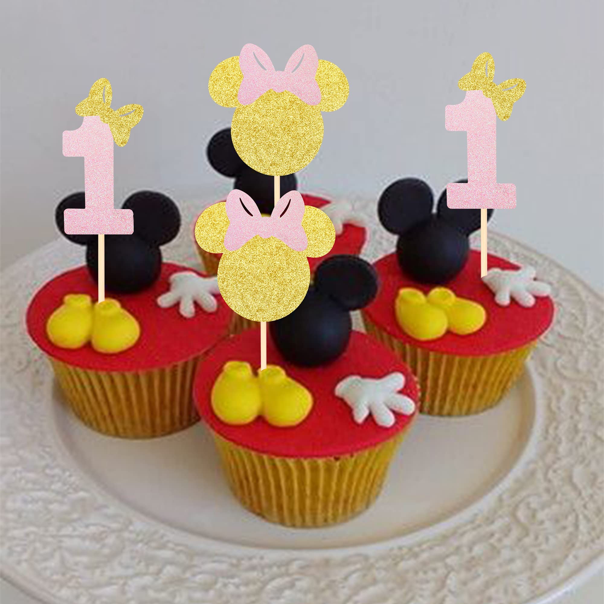 Minnie Maus Cupcake-Topper – 24 Stück, Schwarz/Rot, Für 2. Geburtstag, Babyparty & Mottoparty