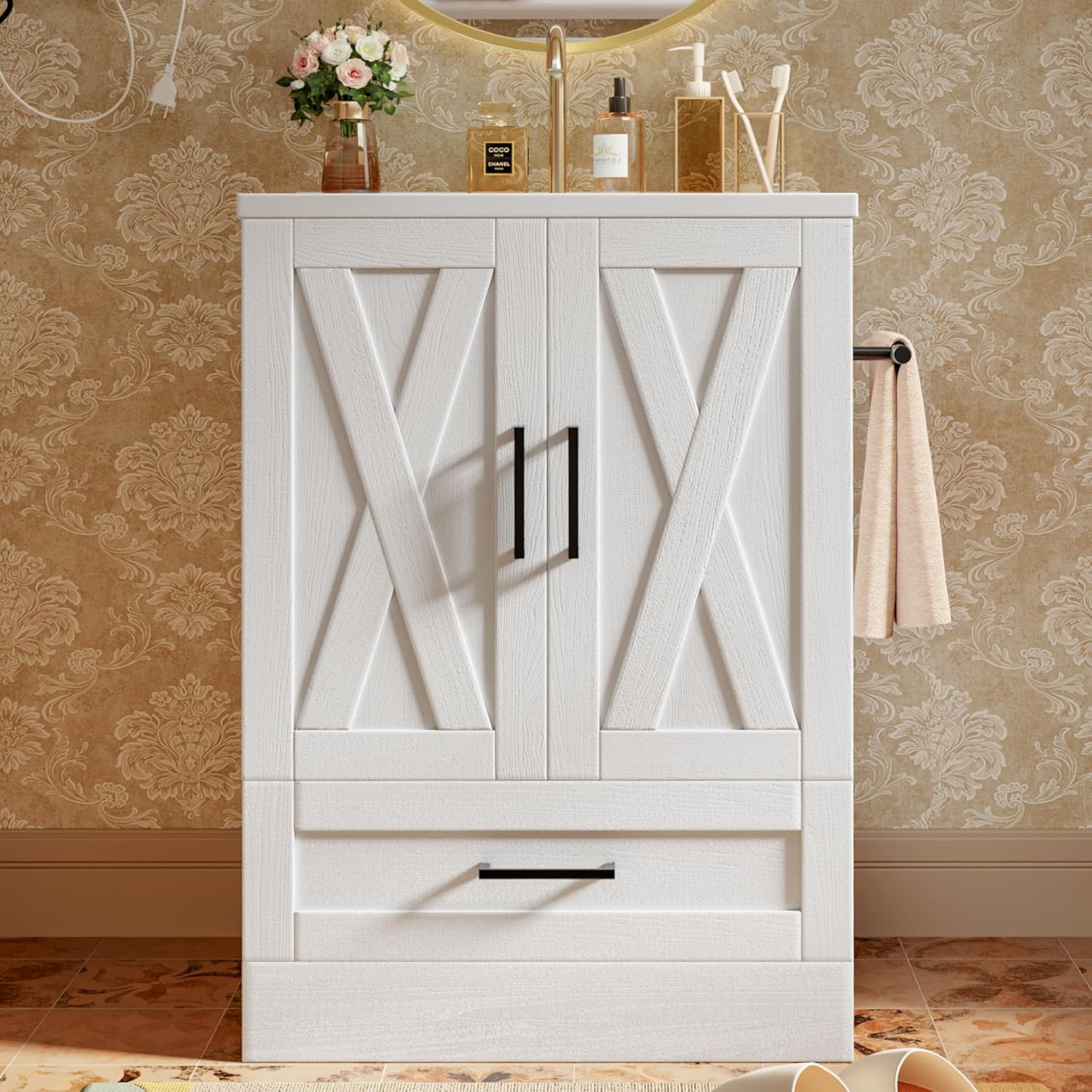 YESHOMY Bathroom Vanity with Sink, 24" Wood Fixture Stand Pedestal Bathroom Cabinet with Drawer, Farmhouse Cabinet Easy Assembly, White