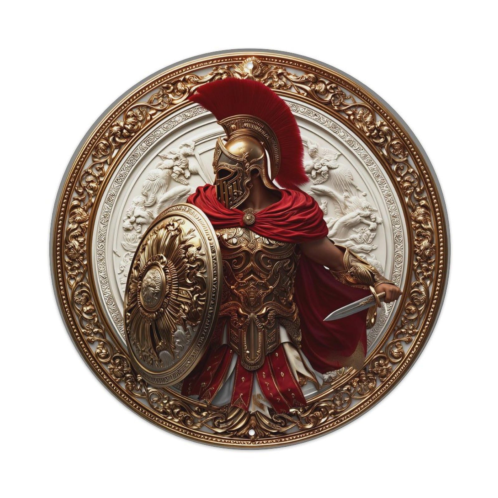 Ornate Golden Warrior Shield Design Vintage Metal Tin Sign Retro Wall Decor for Home Bar Garage Cafe, Indoor & Outdoor Decorative，circle Metal Poster, 8x8 Inch