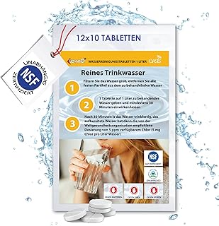 Trinkwasseraufbereitung [120Stk] *NSFgeprüft* 100% keimfreies Trinkwasser 1 Ltr/Tablette +Handschuhe PE | Wasserentkeimungstabletten fur Krisenvorsorge Outdoor, Notfall, Camping, Reiseapotheke
