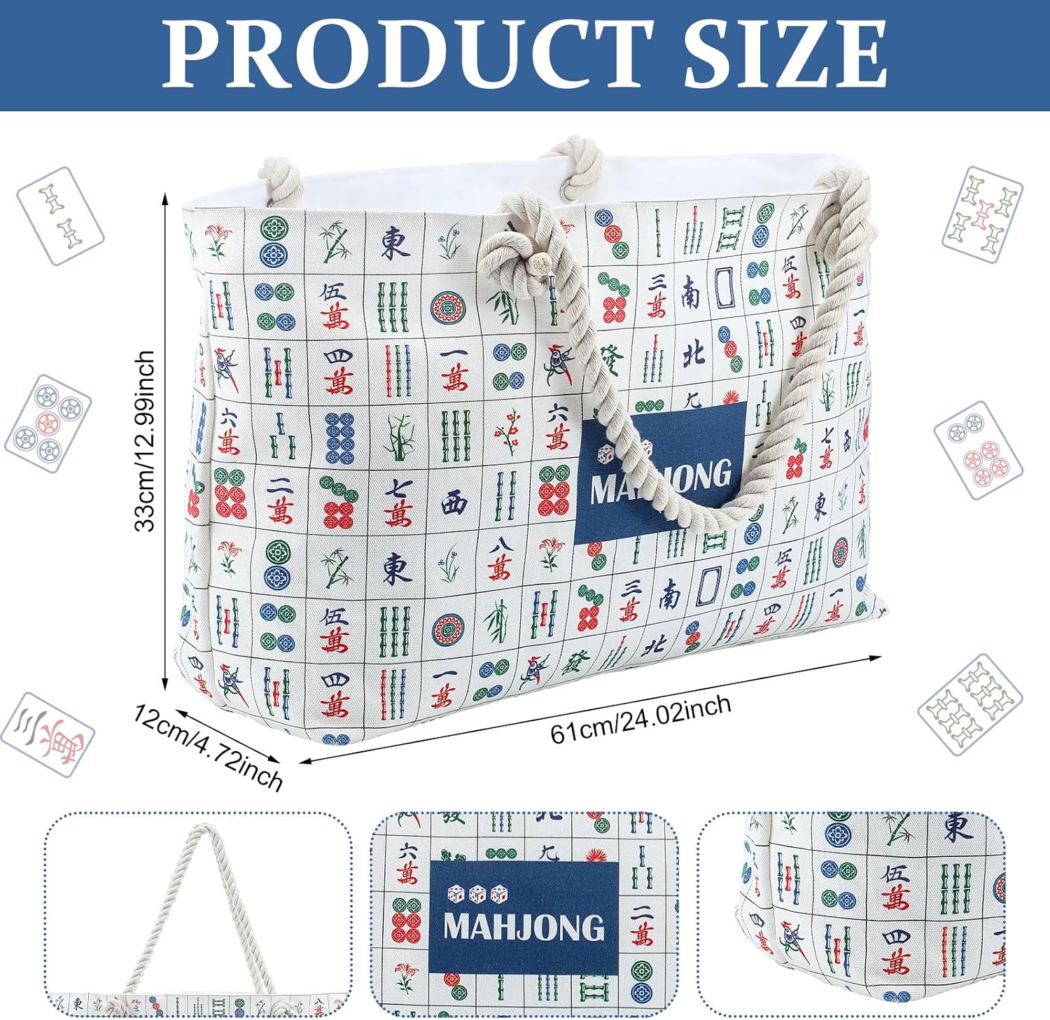 3 Pcs Mahjong Bags for Tile and Rack, Modern, Canvas, Blue image 2