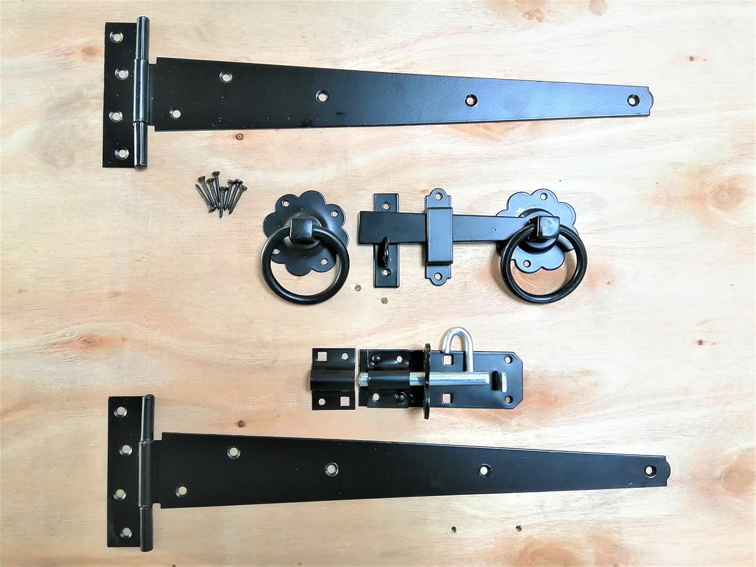 Tee Hinge (2) 16" 400mm Ring Latch Fitting Kit Wooden Garden Gate Set Black
