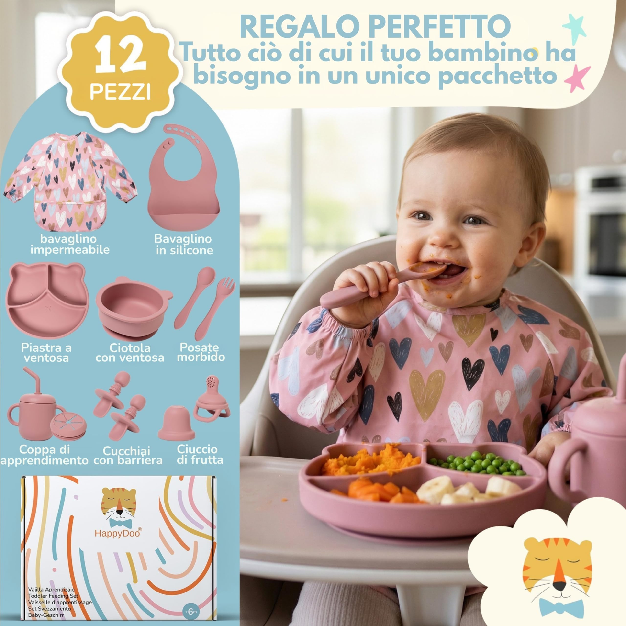Set Pappa Svezzamento Neonato in Silicone 12 Pezzi | Piatto e Ciotola con Ventosa, Tazza 3 in 1, Posate, Bavaglini Impermeabili, Ciuccio Frutta | Senza BPA, Microonde e Lavastoviglie