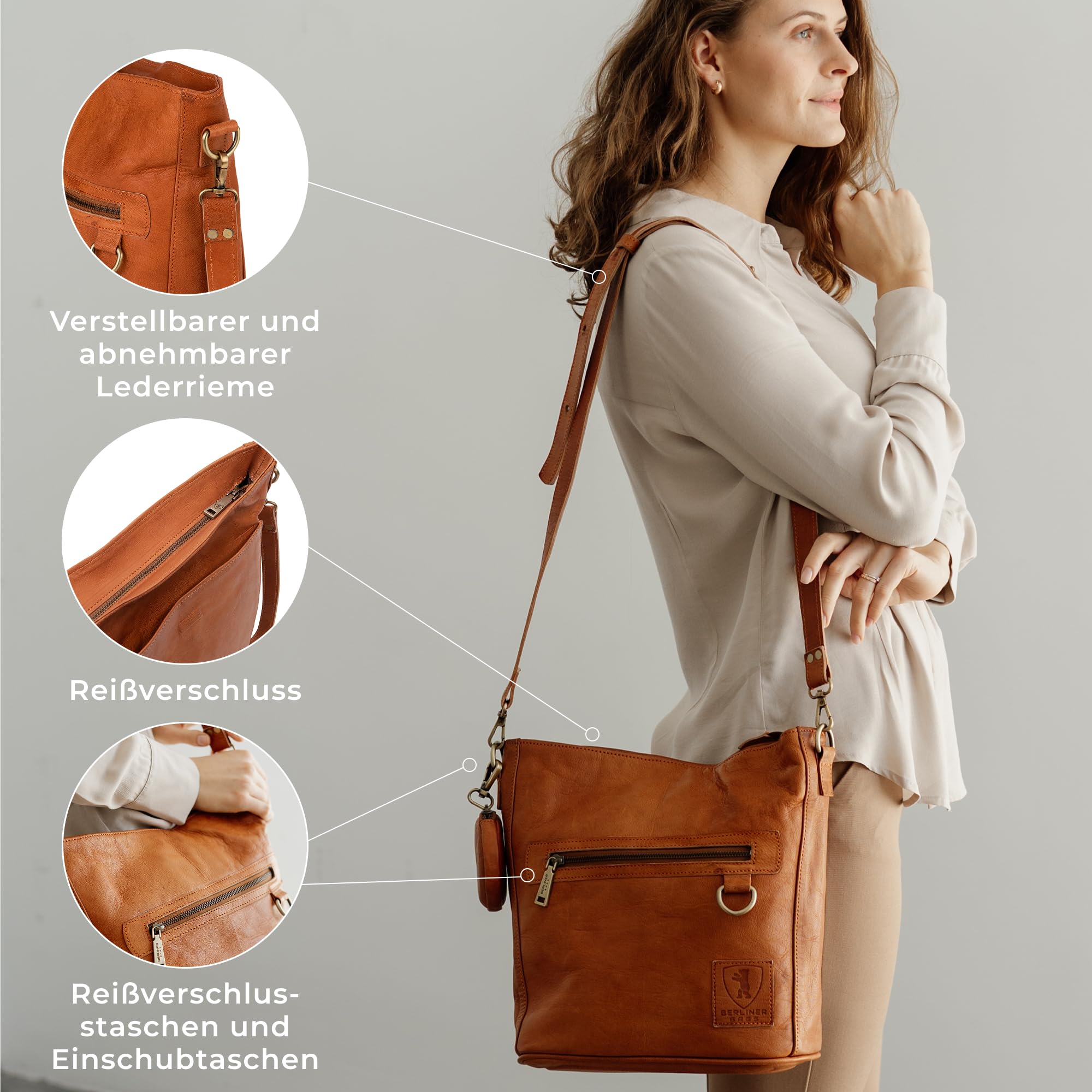 Berliner Bags Vintage Leder Schultertasche Siena & Geldbörse Lyon Set Damen – Mittelgroße Umhängetasche & Große Geldbörse mit RFID-Schutz, Geschenkset – Braun
