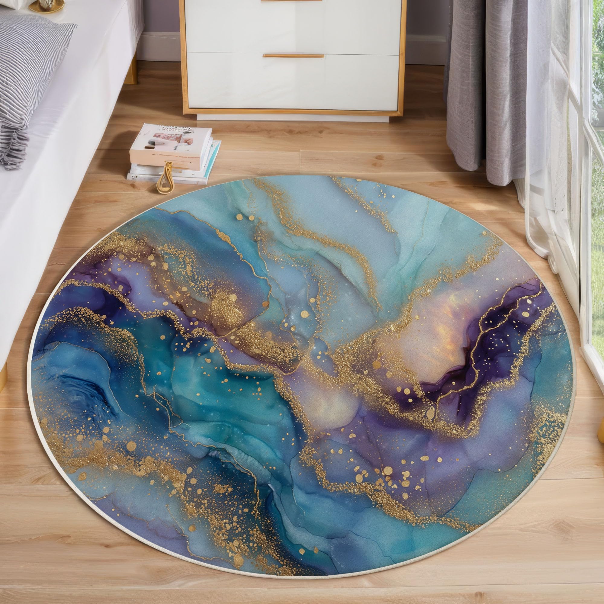Tapis rond à poils ras 160 cm bleu sarcelle abstrait et antidérapant