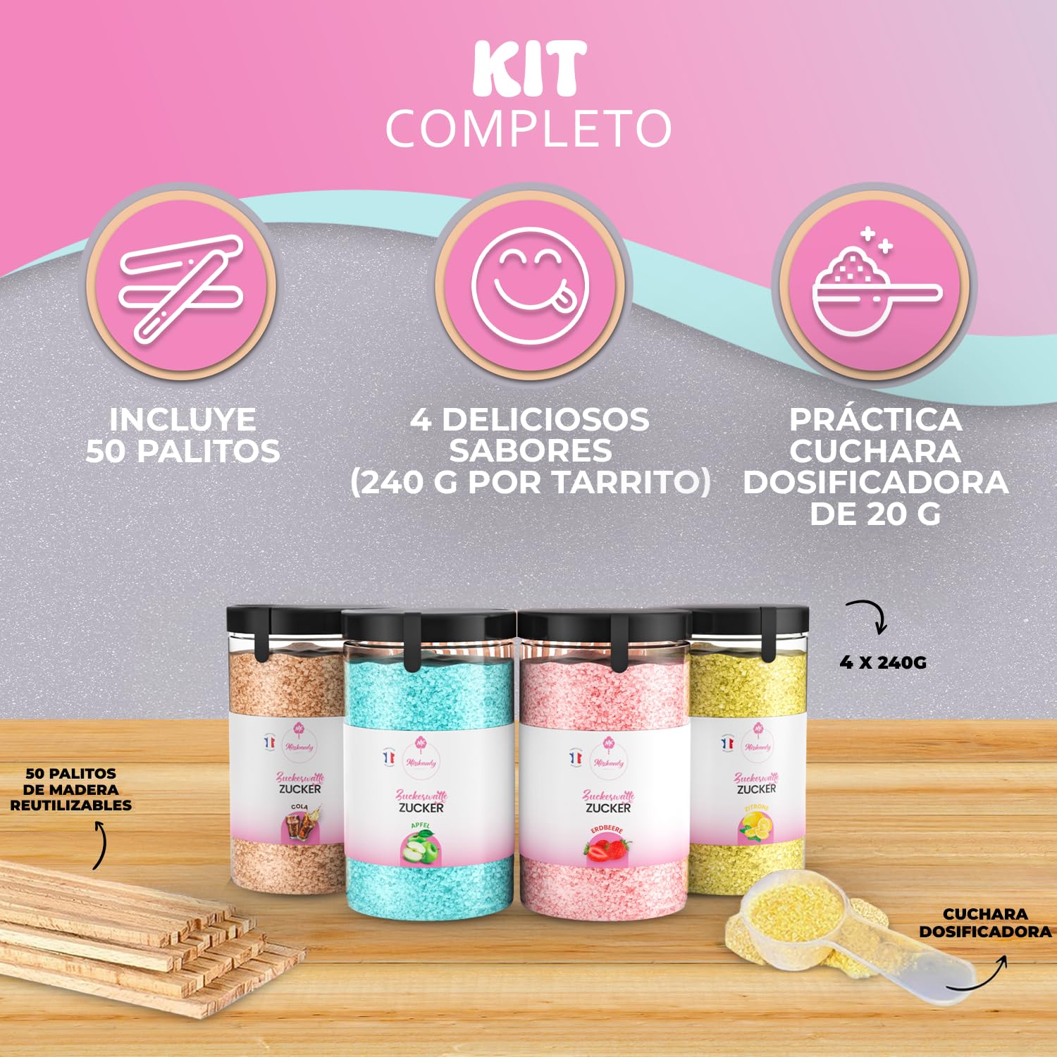 Misskandy® algodón de azúcar para máquina- Pack de 4 * 240Gr - (Sabores Naturales): Sabores: Fresa/Manzana/Cola/Limón + 50 palitos (gratis)
