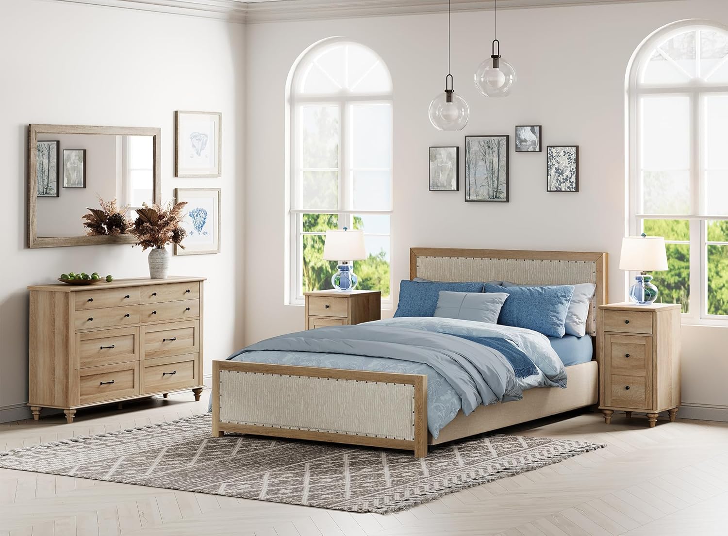 WAMPAT 3 Piece Bedroom Set - Includes 8 Drawer Dresser, Set of 2 Night Stands with Charging Station & Storage Cabinet, 3 Piece Dresser and Nightstand Sets, Oak