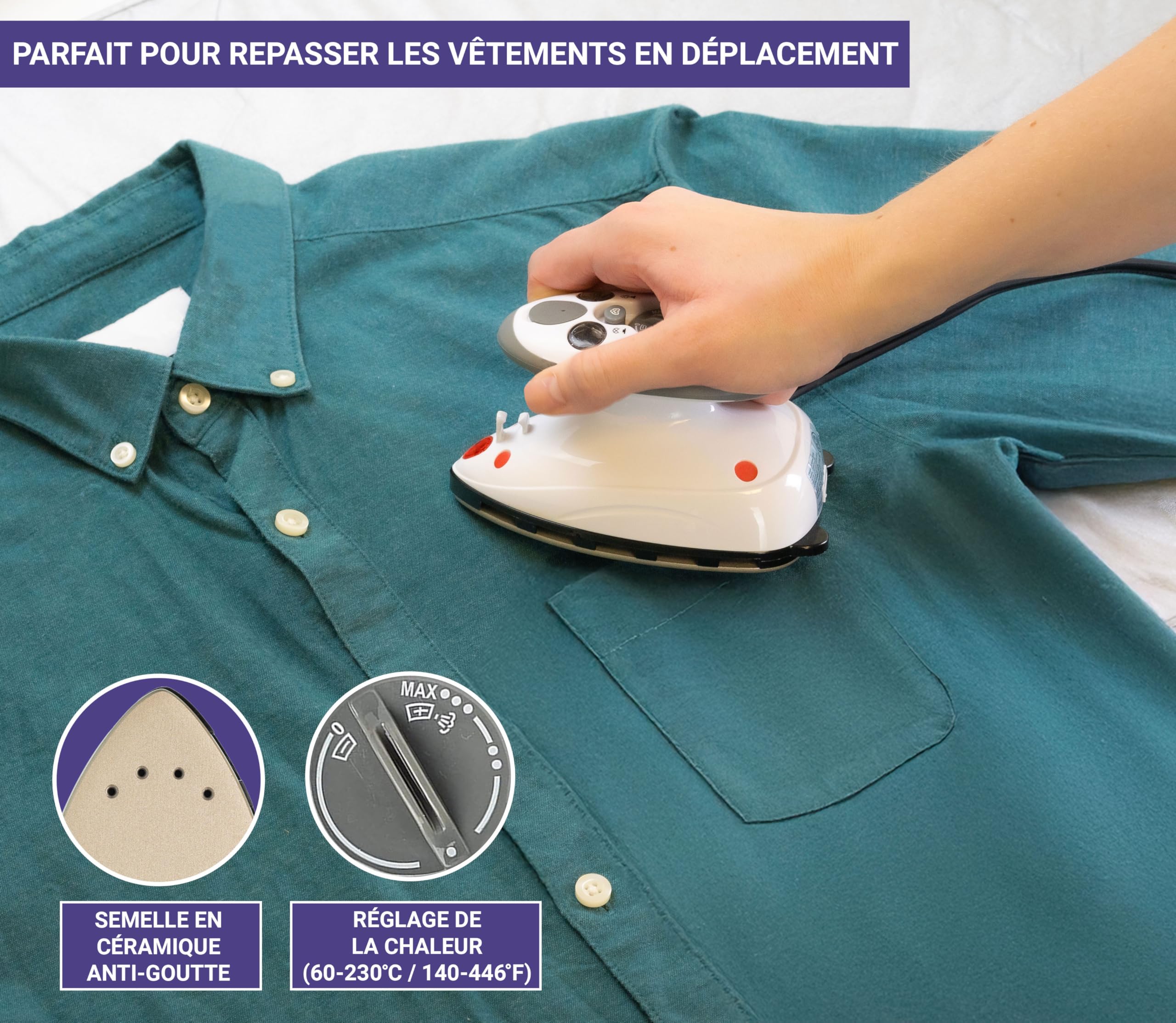 The Quilted Bear Mini Fer à Repasser - Fer a Repasser Voyage avec Céramique Vapeur & Thermostat - Petit Defroisseur Vapeur Voyage Pour la Couture, Artisanat ou Transfer (Boîtier Noir)