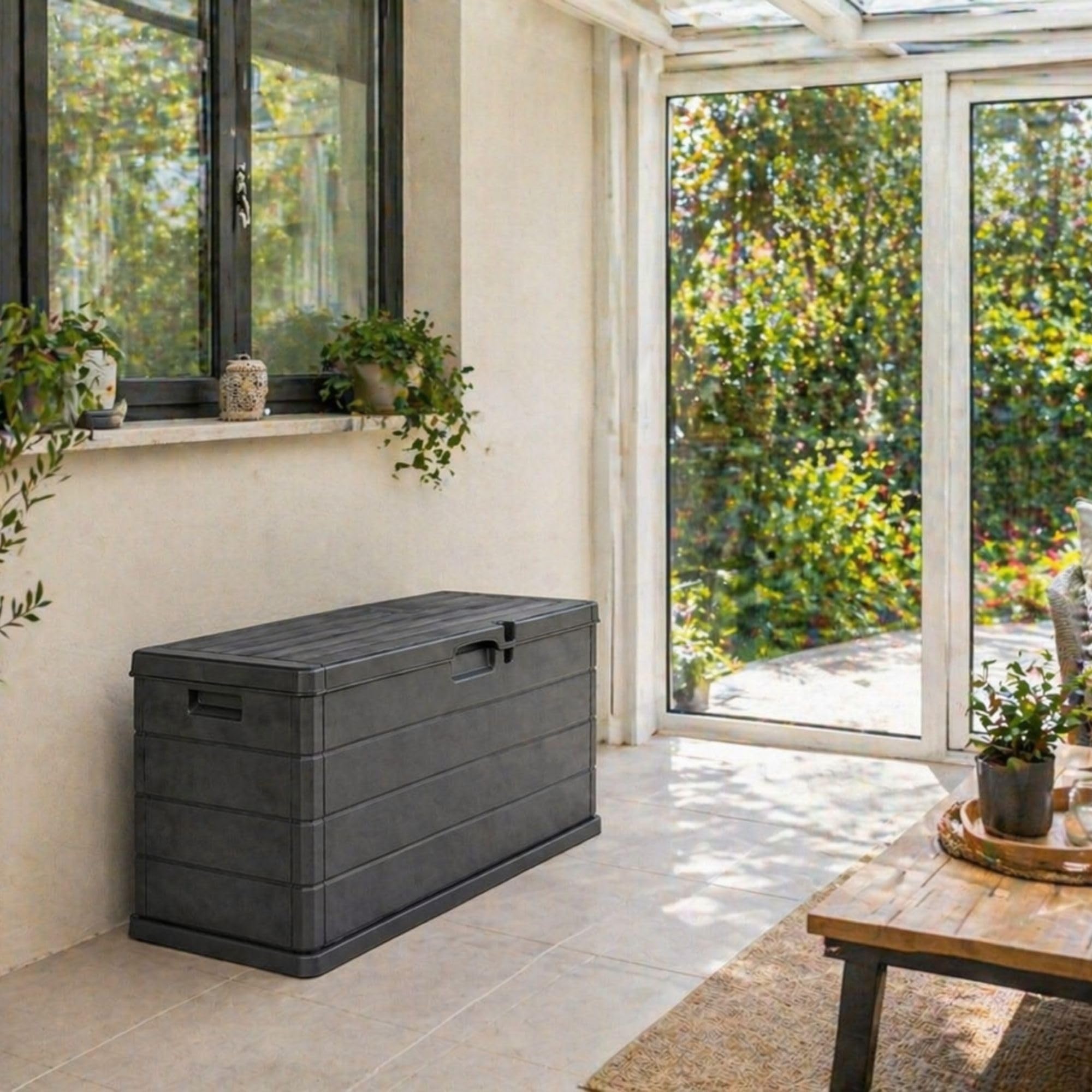 Kissenbox wetterfest 340L – Auflagenbox Gartenbox aus Kunststoff, abschließbar, UV-beständig, wetterfest, in Kunststoff in Holzoptik, mit Rollen, für Balkon, Terrasse, Garten