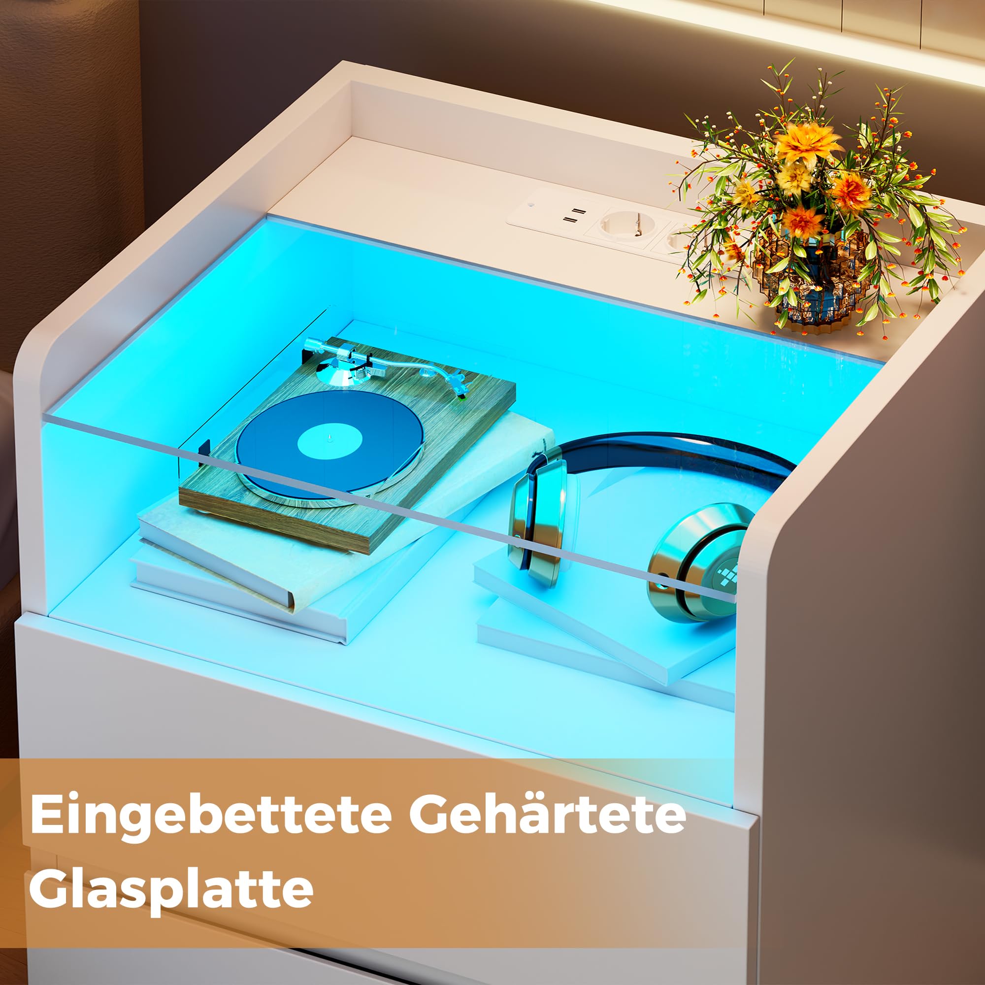 ANWBROAD Nachttisch 2er Set,Nachttisch mit Ladefunktion und LED-Licht, Glasplatte, Nachtschrank mit 2 Schubladen und 1 Offenes Fach, Beistelltisch mit Steckdose und USB-Anschlüssen, Weiß BNS001W