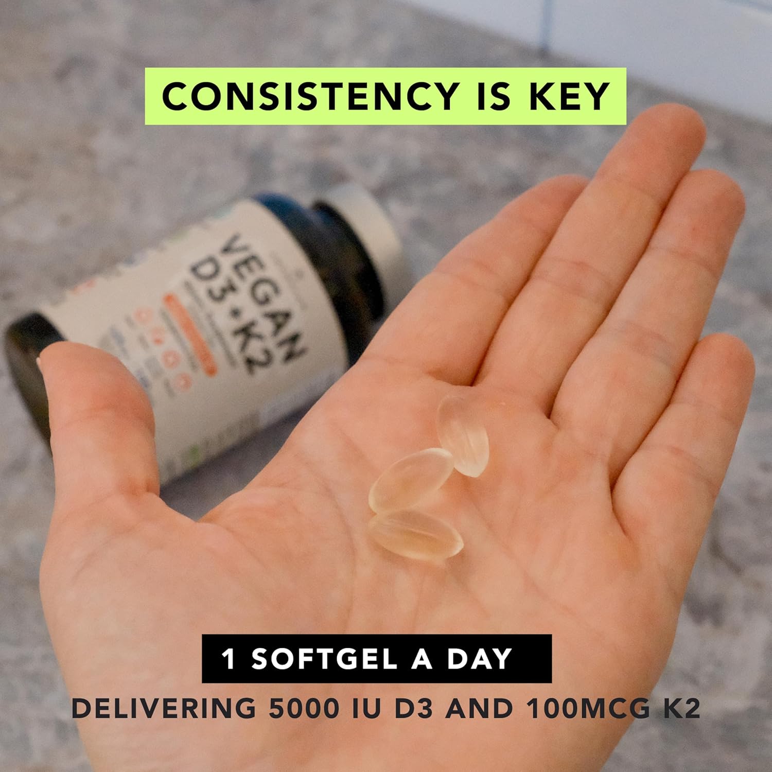AMANDEAN Vitamin D3 K2. Vegan & Plant-Based 5000iu VIT D from Algae. All-Trans MK-7 K2Vital. 120 Softgels. Carrageenan Free. Organic Coconut Oil Blend. for Mood, Bones, Heart, Immune Health.