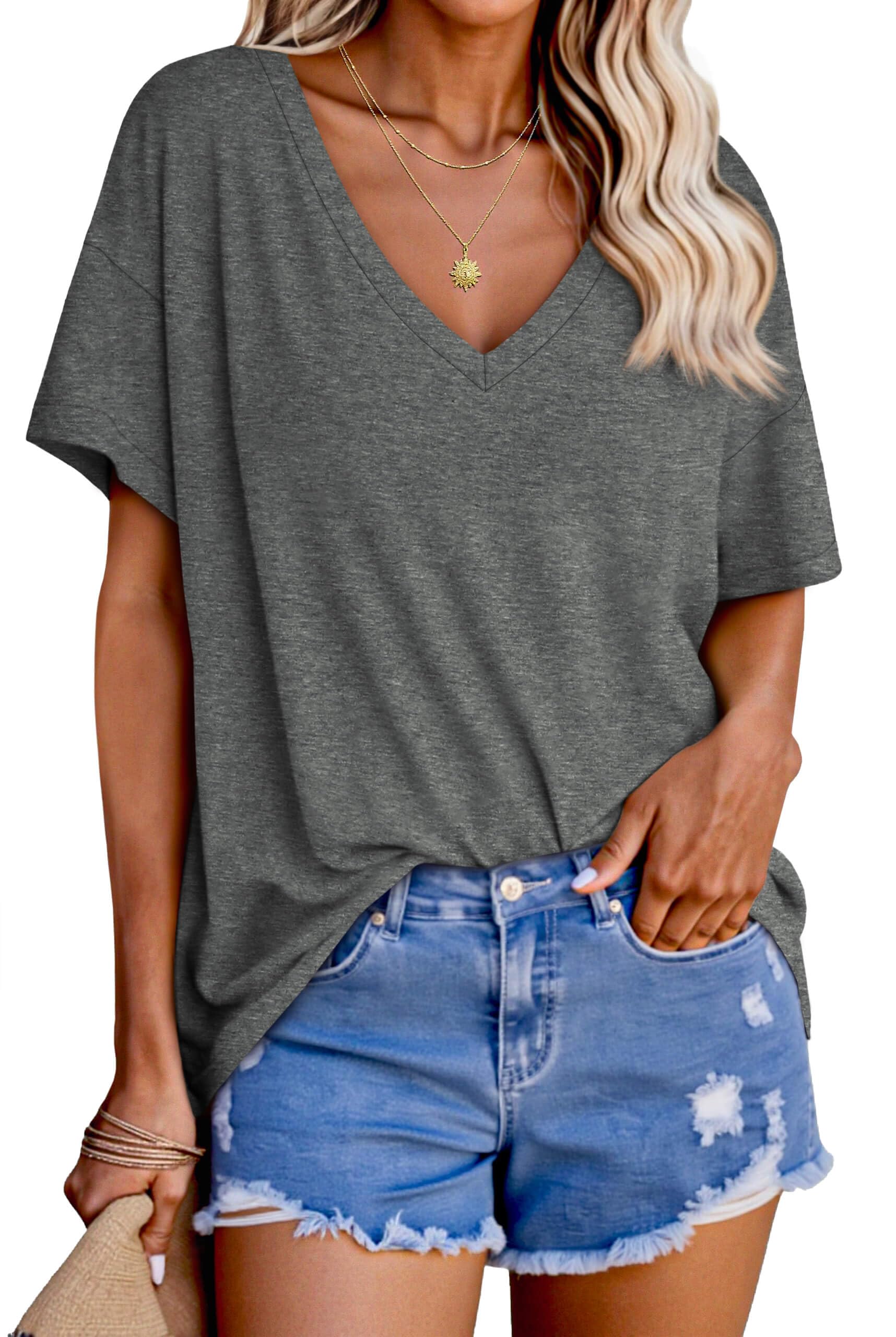 Tankaneo Womens Oversized Tshirts V Neck Short Sleeve Tops Summer Casual Loose Fit Tunic Tee Shirts