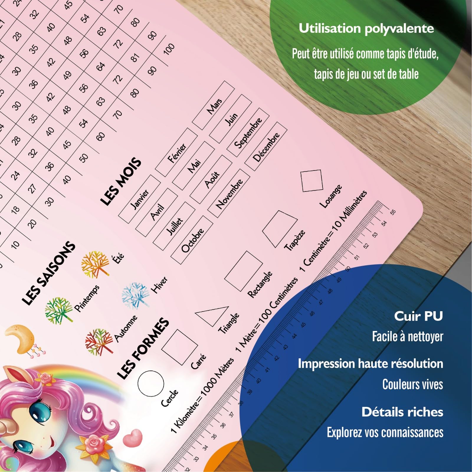 Éducatif Sous-main pour Enfant 40x60cm - Français - Thème Licorne - ABC avec Animaux - 1X1 - Formes - Heures - Tapis de Bureau Imperméable - Cuir PU Double Face effaçable facile à Nettoyer