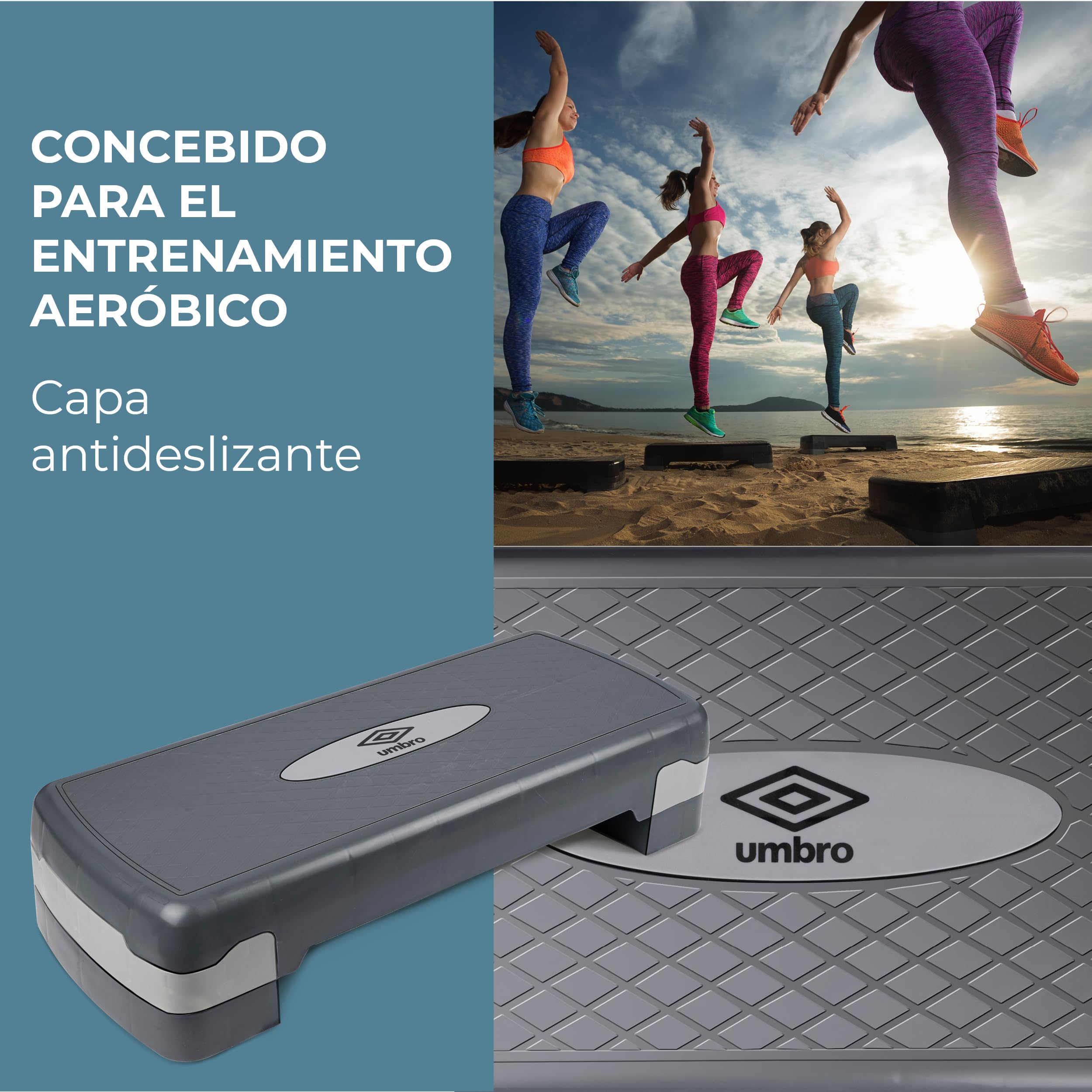 Umbro Steps Fitness - Gimnasio en Casa Stepper Ajustable en Altura de 10-15 cm - Step con Capa Antideslizante - Media Plataforma - Plataforma Aeróbica - Gris