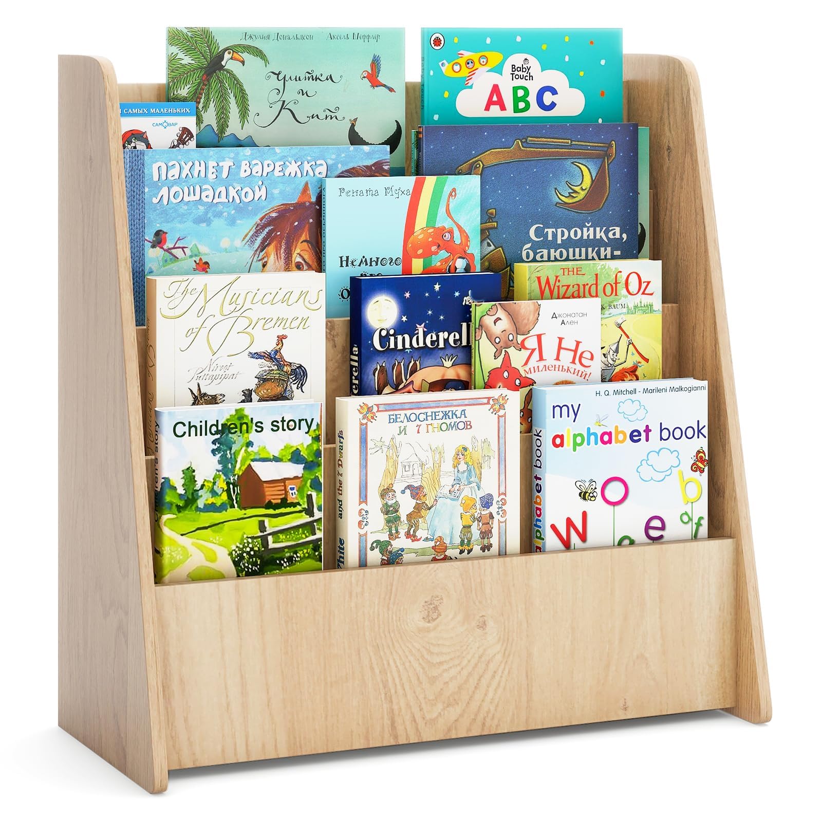 Costzon 4-Tier Kids Bookshelf, Front Facing Children Bookcase with Deep Compartments, Magazine Storage Rack for Kids Bedroom, Playroom, Nursery, Classroom, Kindergarten (Natural)