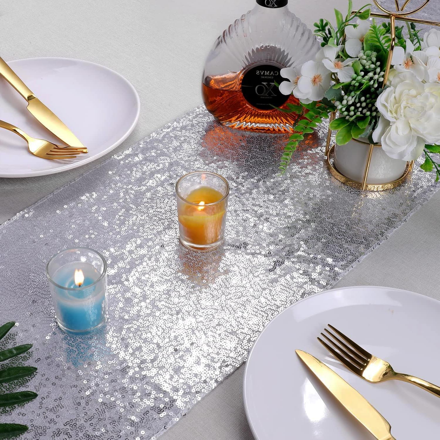 10 Pack Sequin Silver Table Runners 12 x 108 Inches - WENSINL Glitter Silver Table Runner for Party Wedding Birthday Engagement Banquet Meeting Anniversary Christmas Dining Room Decoration