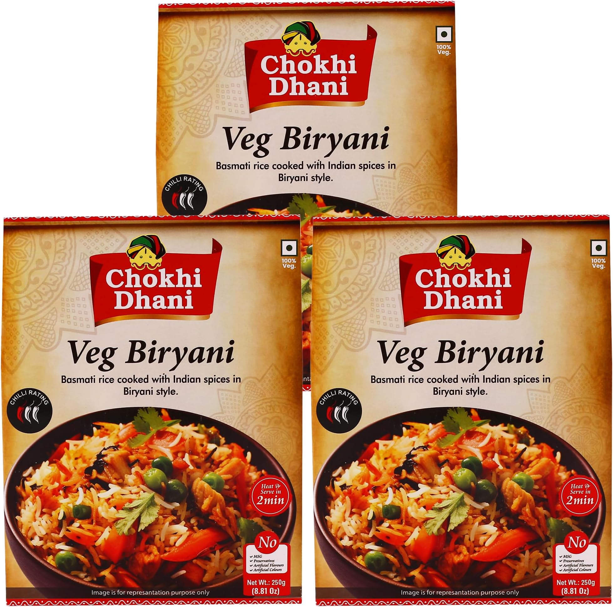 Chokhi Dhani Veg Biryani Ready Meal 250g Each (Pack of 3) | Indian Vegetable Biryani with Basmati Rice | Heat & Serve Vegetarian Meal