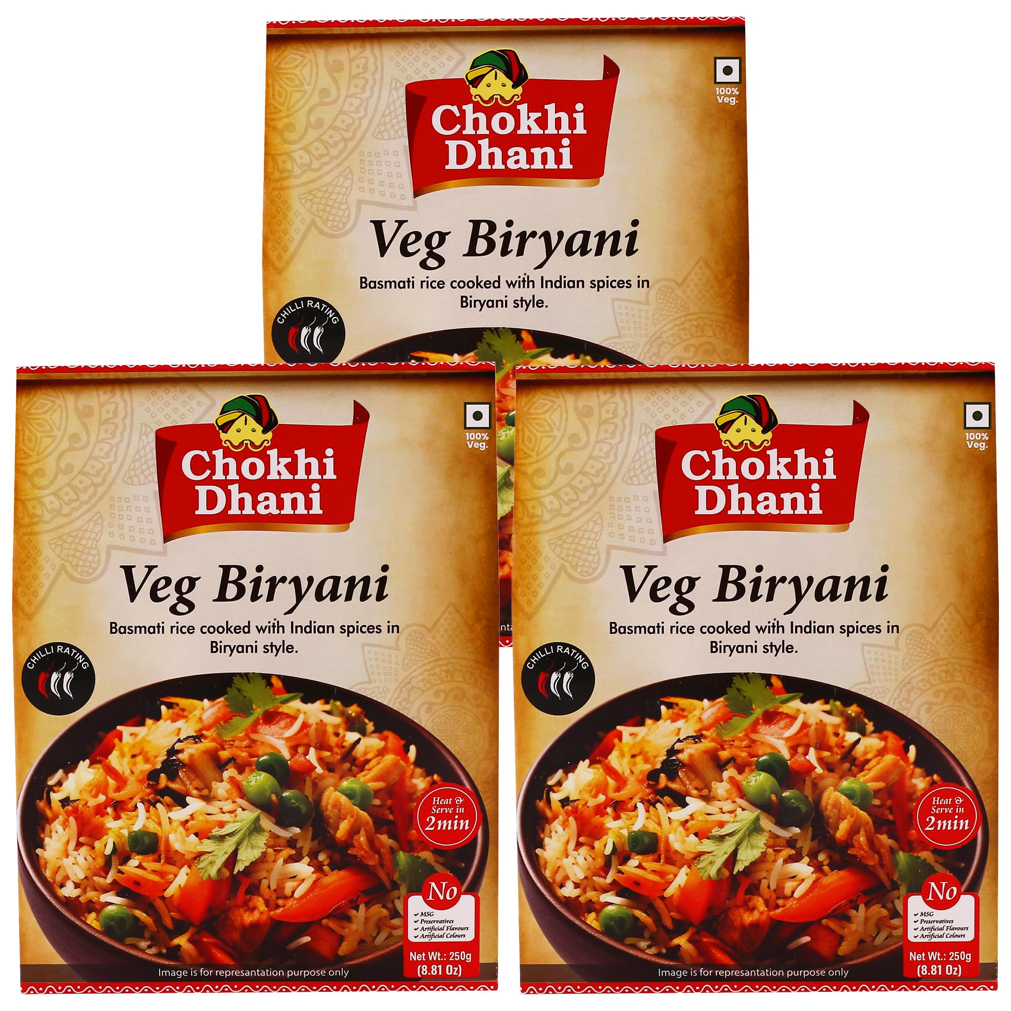 Chokhi Dhani Veg Biryani | Ready to Eat Meals | Just Heat & Eat | Microwave | Stove Top or Hot Water | Ready in 2 Minutes | Pack of 3, 250 gm