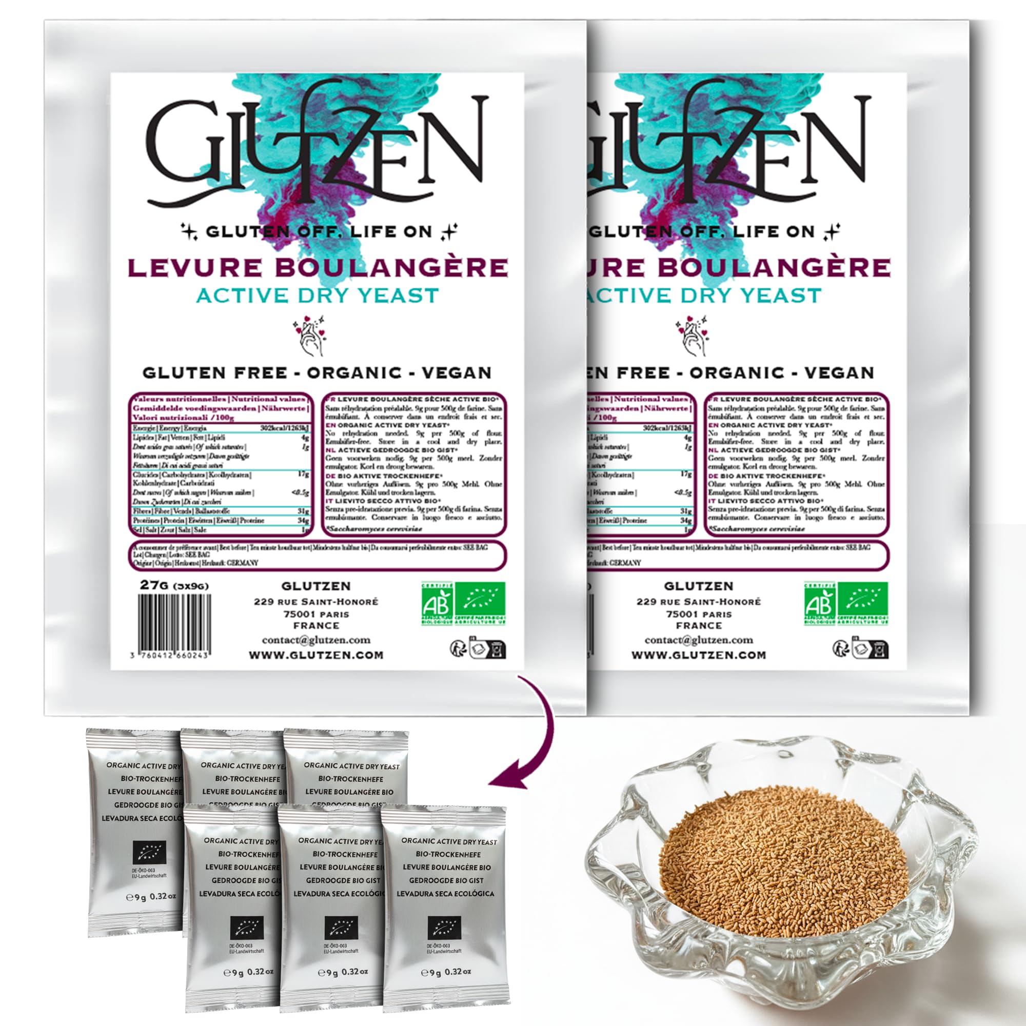 Levadura Seca Instantánea Sin Gluten Bio GLUTZEN 6x9g Activa para Pan y Pizza