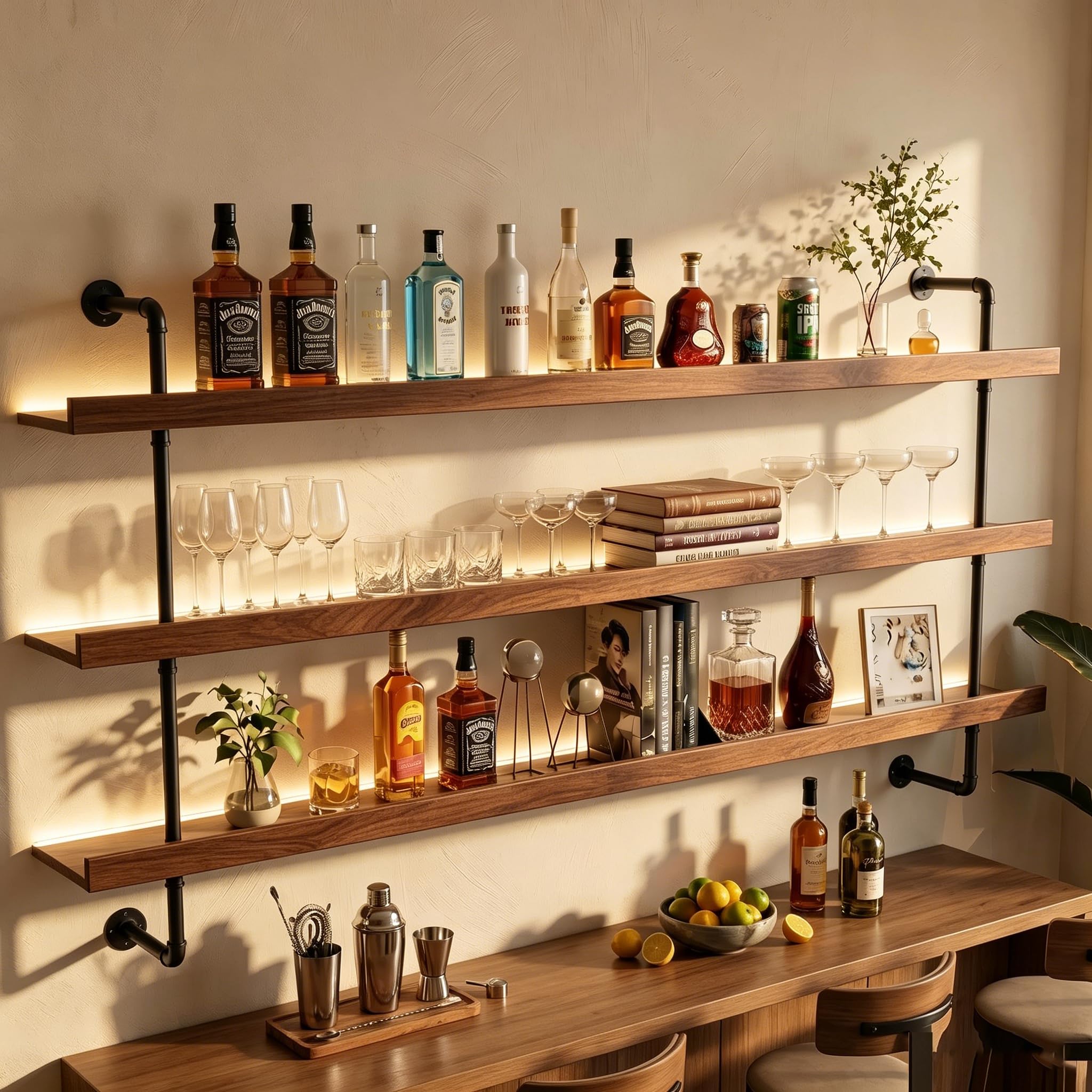 Photo 1 of (used minor issues) HOUSESET 36/48/60/72/84in Wine Wall Rack with Led Lights, 3-Tiers Modern Pipe Liquor Bottle Display Shelf, Bar Shelves Wall Mounted for Commercial Bar, Restaurant, Home