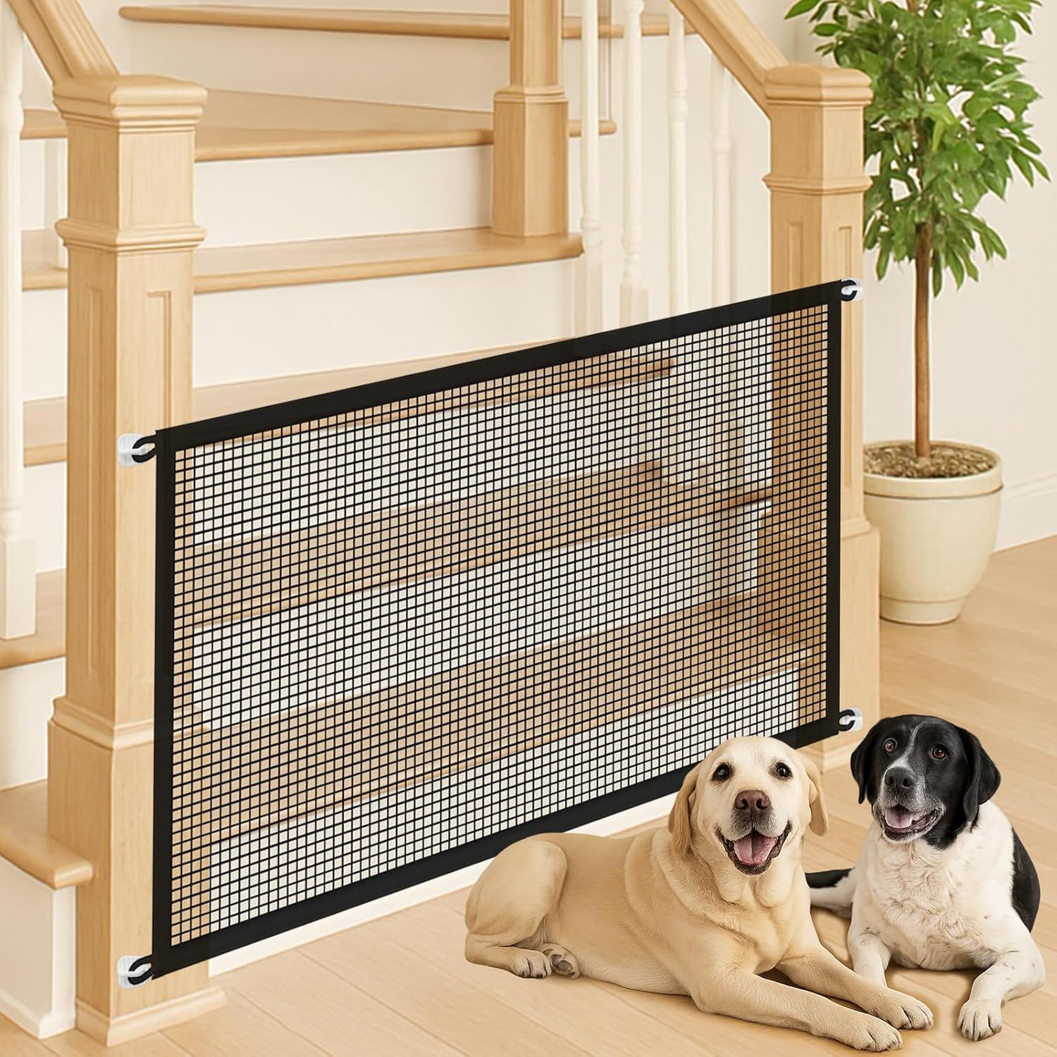 Pet Gate Mesh – No-Drill Easy Install, Good Helper,Portable Folding Dog Safety Fence for Stairs & Doorways, 70.9″ W x 28.3″ H with 6 Adhesive Hooks