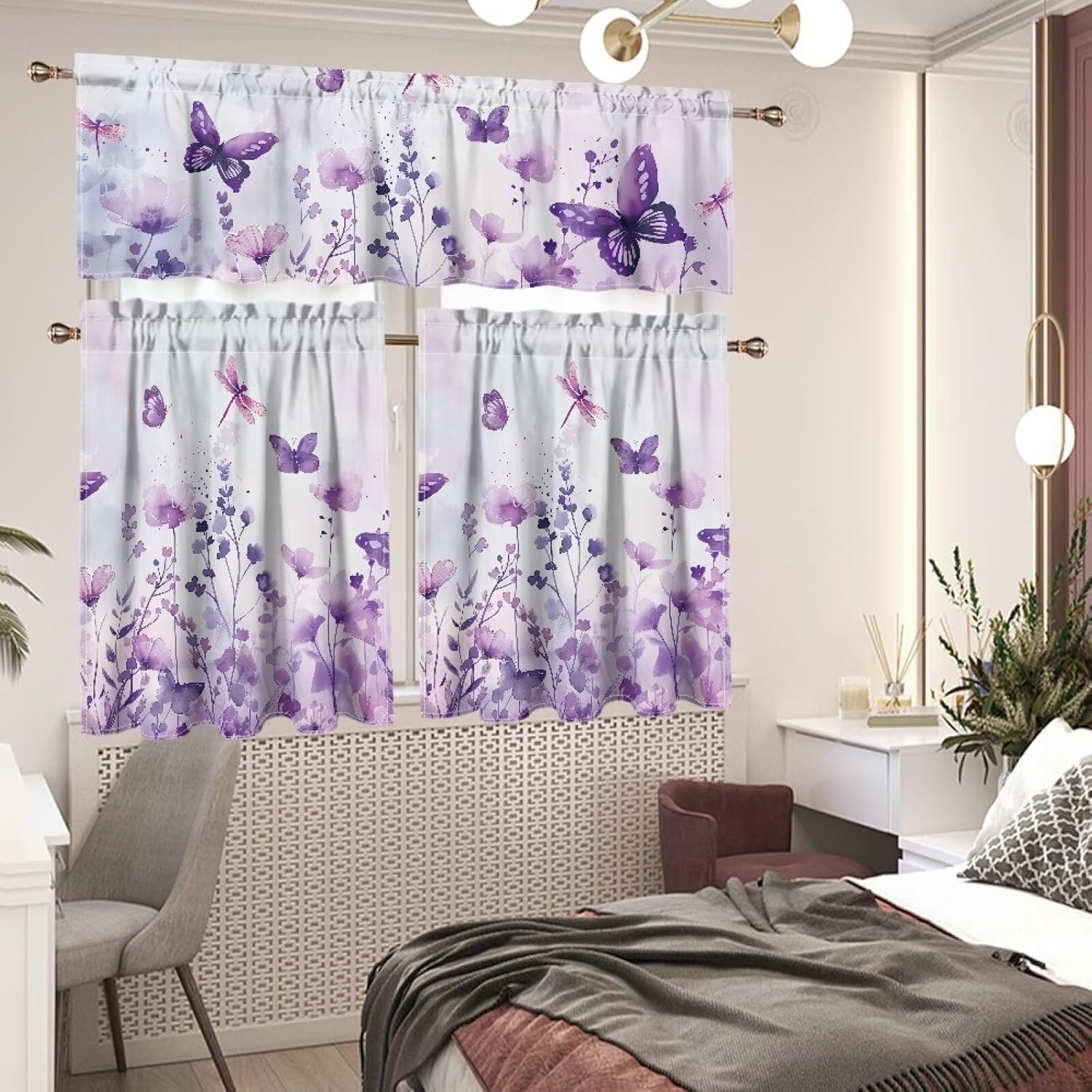 Cozeyat Purple Butterfly Kitchen Curtain Valance Set 35.8 Inch Long Tier Curtains Cafe Curtains Rod Pocket Valances for Living Room Bedroom Bathroom Farmhouse Rustic Country Window Curtains 3Pcs