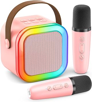 Karaoke Machine for Kids Adults, Portable Bluetooth Mini Karaoke Microphone Singing Speaker with 2 Mic and Light,Toys for All Smartphones,Birthday, Family,Home Party Pink