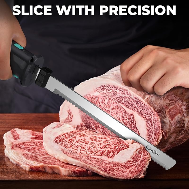 HAUSHOF Cordless Electric Knife Set for Meat Slicing, 8V Electric Carving Knife for Fish, Bread, Turkey, Rechargeable Meat Cutter with Reciprocating Stainless Steel Blades, Safety Lock & Storage Case Gray