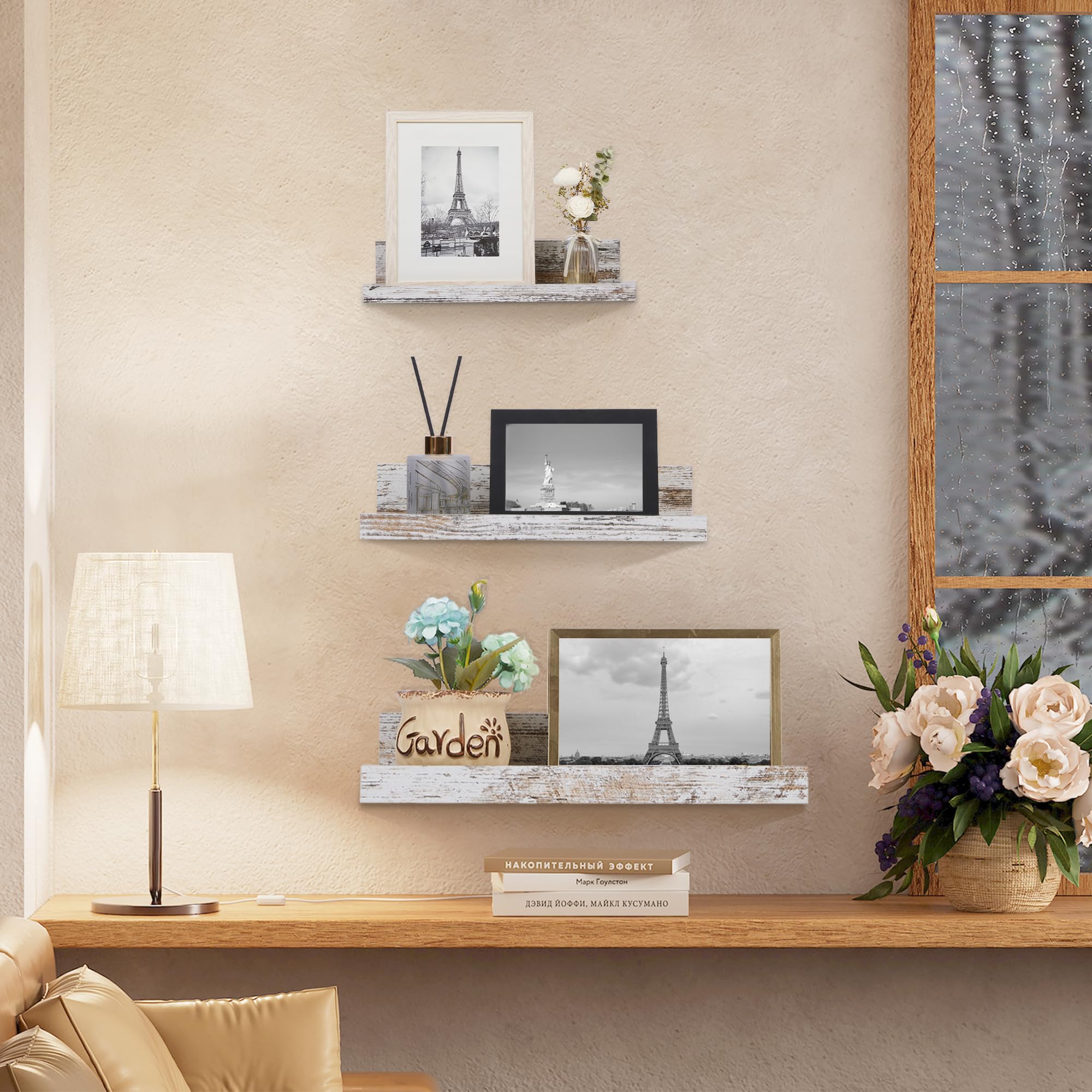 Upsimples Home Floating Shelves for Wall Decor Storage, Wall Shelves Set of 5, Wall Mounted Wood Shelves for Bathroom,Living Room, Bedroom, Kitchen, Small Picture Ledge Shelves, Rustic White