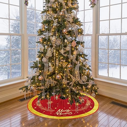 Miniatura 5 de Falda de árbol de Navidad, adornos de falda de árbol de Navidad roja y dorada, alfombra de árbol de Navidad de felpa suave con patrón de nieve para