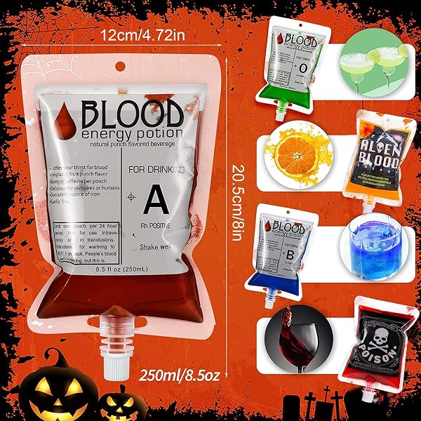 Bolsa de Sangre, 16 Piezas Bolsa de Sangre de Halloween, con un Embudo, Vacías Bolsas de Bebida, para Disfraz de Halloween Suministros Fiesta Temática de Zombis Fiesta de Vampiros - 3