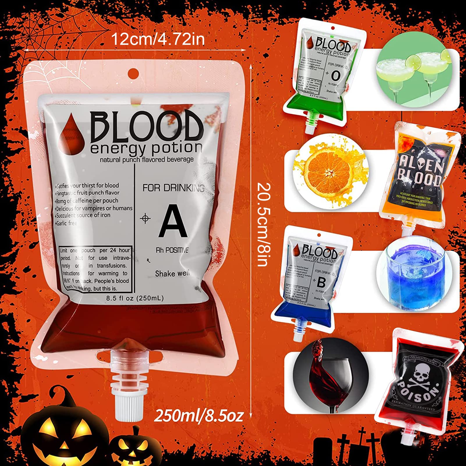 Bolsa de Sangre, 16 Piezas Bolsa de Sangre de Halloween, con un Embudo, Vacías Bolsas de Bebida, para Disfraz de Halloween Suministros Fiesta Temática de Zombis Fiesta de Vampiros — view 3