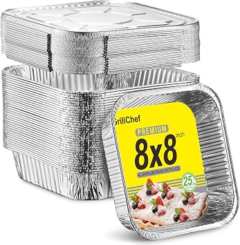 GrillChef 25 Pack 8x8 Square Aluminum Foil Pans with Lids, Disposable