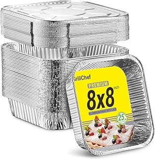 GrillChef 8x8 Aluminum Foil Pans with Lids, Disposable Baking Pan for Cake Cooking Breads, 25 Pack, Square Food Containers Tin Pans for Heating Roasting Preping